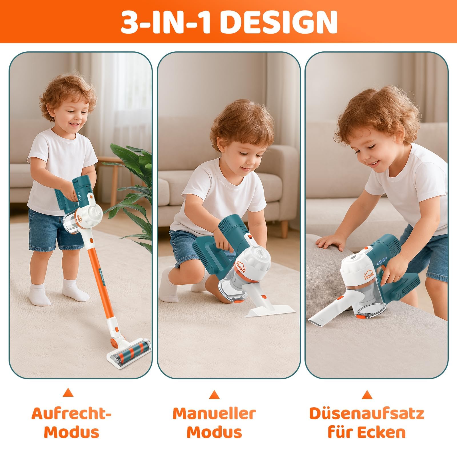 3-in-1 Kinderstaubsauger, Spielzeug Staubsauger mit Echter Saugleistung, für Kinder ab 3 Jahren Jungen und Mädchen, Haushaltsspielzeug für Realistisches Spielen - 4