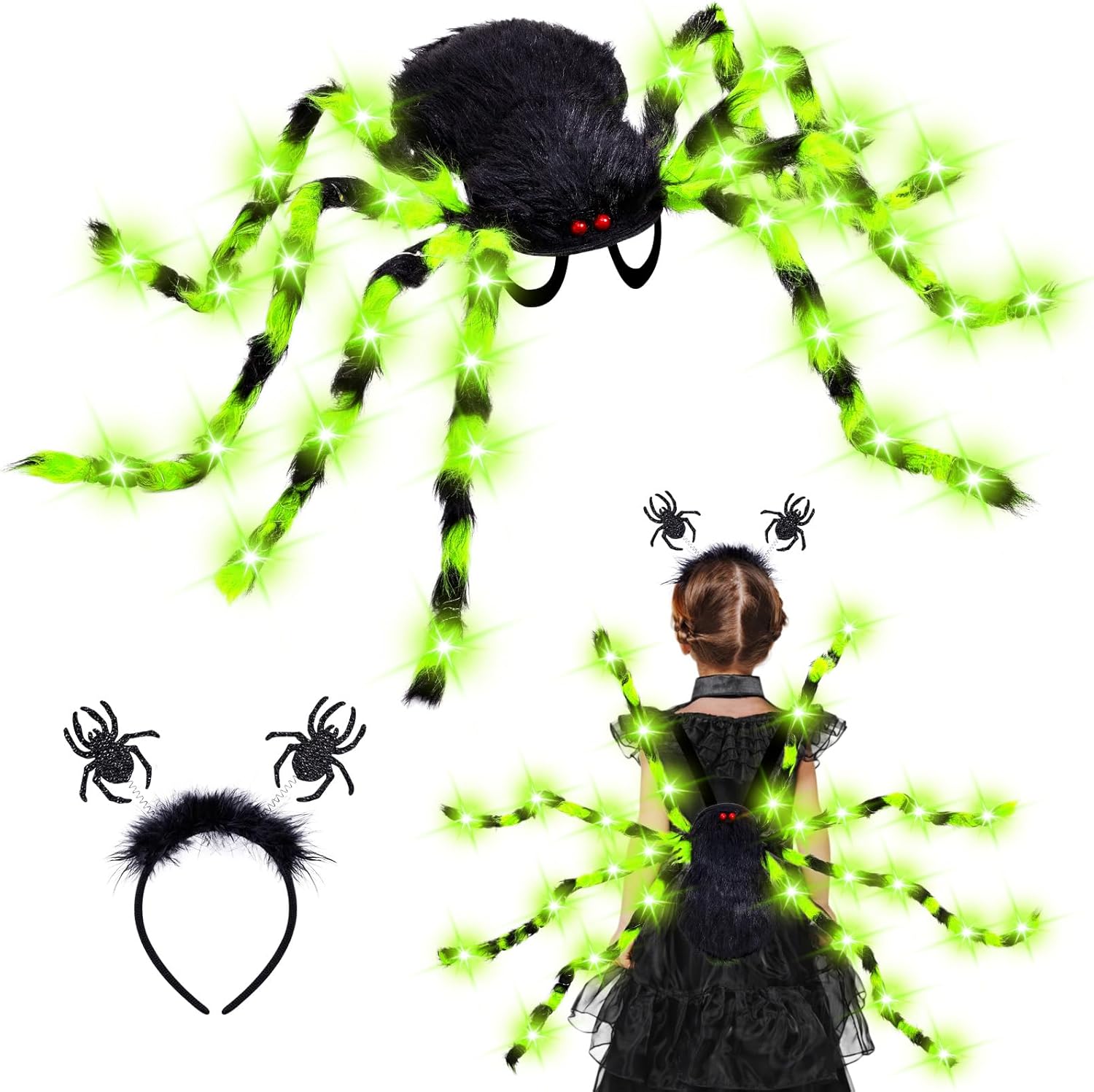 Garma Halloween Giant Spider Costume Set, 60 LED Green Light-Up Spider Backpack with Spider Headband, Scary Plush Costume for Kids Halloween Party, Trick or Treating, Cosplay Decorations