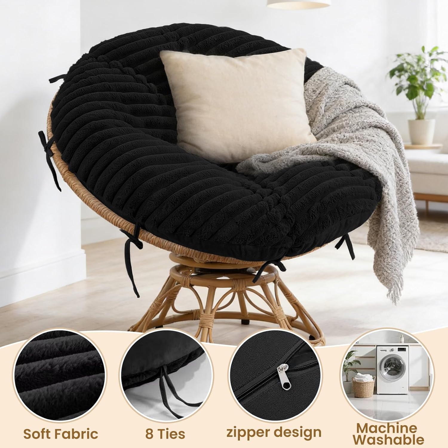 Papasan Chair Cushion Cover, Plush Faux Fur papasan Cushion Cover, 50 Inch for 40-44 Inch Cushions, Super Soft Removable Cover with Ties & Zipper, Machine Washable - Black