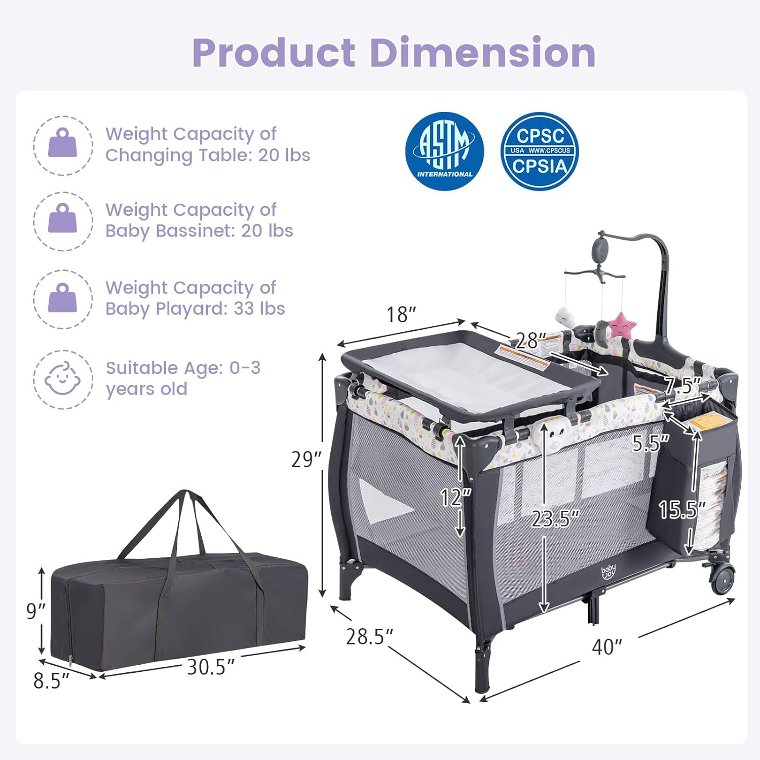 Costzon 3 in 1 Pack and Play with Bassinet, Portable Baby Playard with Changing Table, Music Box, Whirling Toys, Wheels/Brake, Basket, Foldable Infant Bassinet Crib for Baby Toddlers Indoor Outdoor