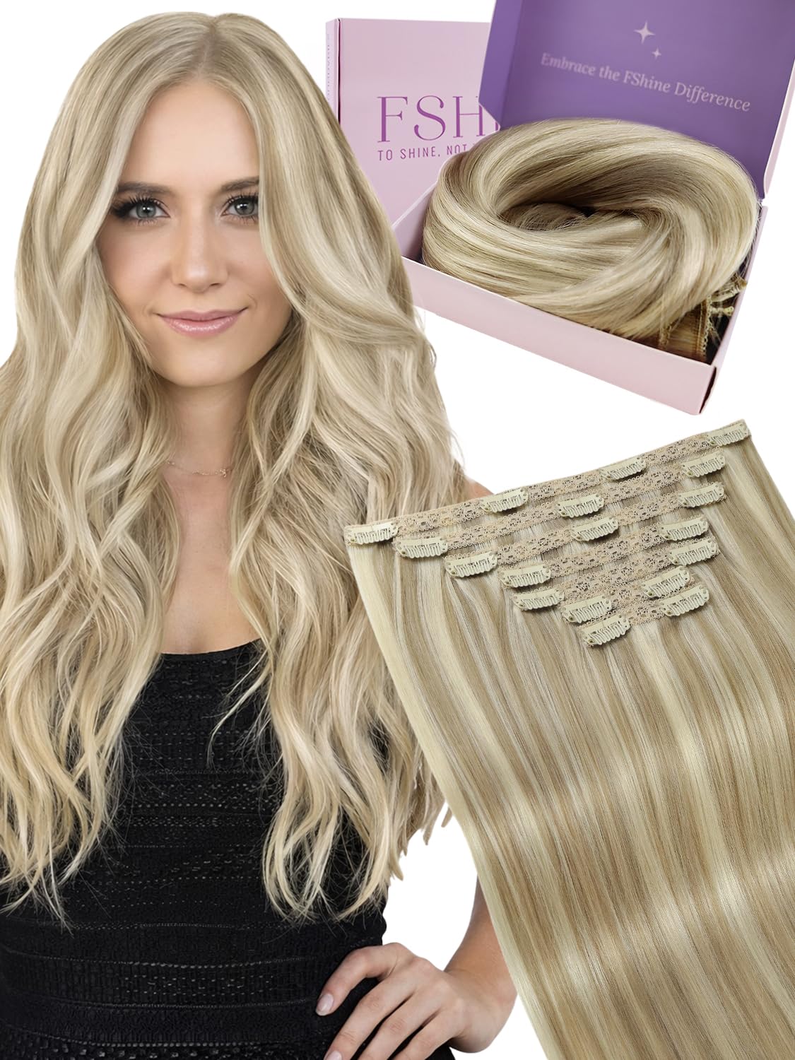 Fshine Unsichtbar Clip in Extensions Echthaar 45 cm, 7 Stücke 120 g, Aschblond mit goldblonden Strähnen, Hair Extensions Clip in, Farbe 16P22 - 2