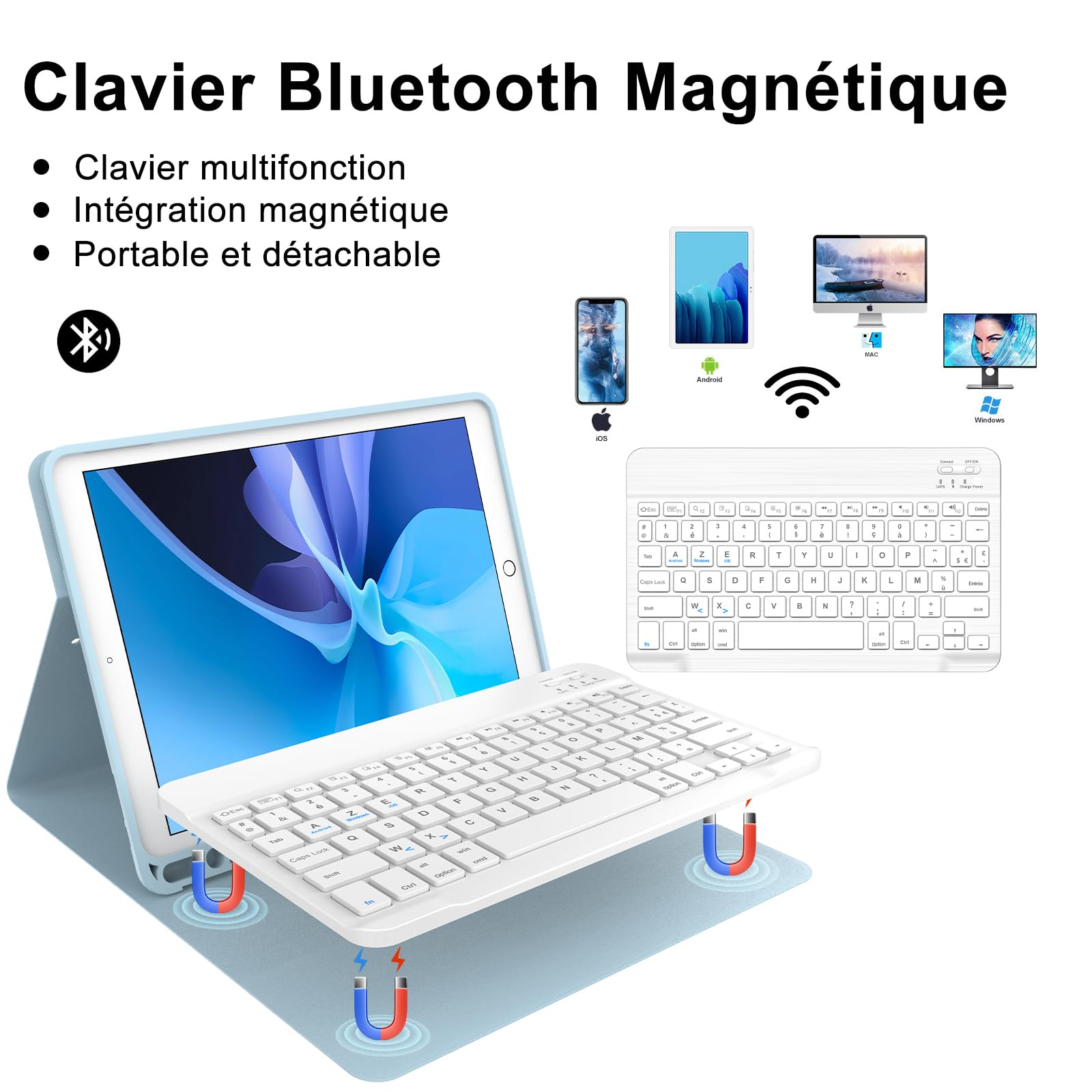 Coque Clavier pour iPad 9e/8e/7e Génération 10.2 Pouces, AZERTY Français Housse Clavier Bluetooth Détachable avec Porte Crayon pour iPad 2021/2020/2019 10.2"/Air 3 2019/iPad Pro 10.5 2017, Bleu Ciel