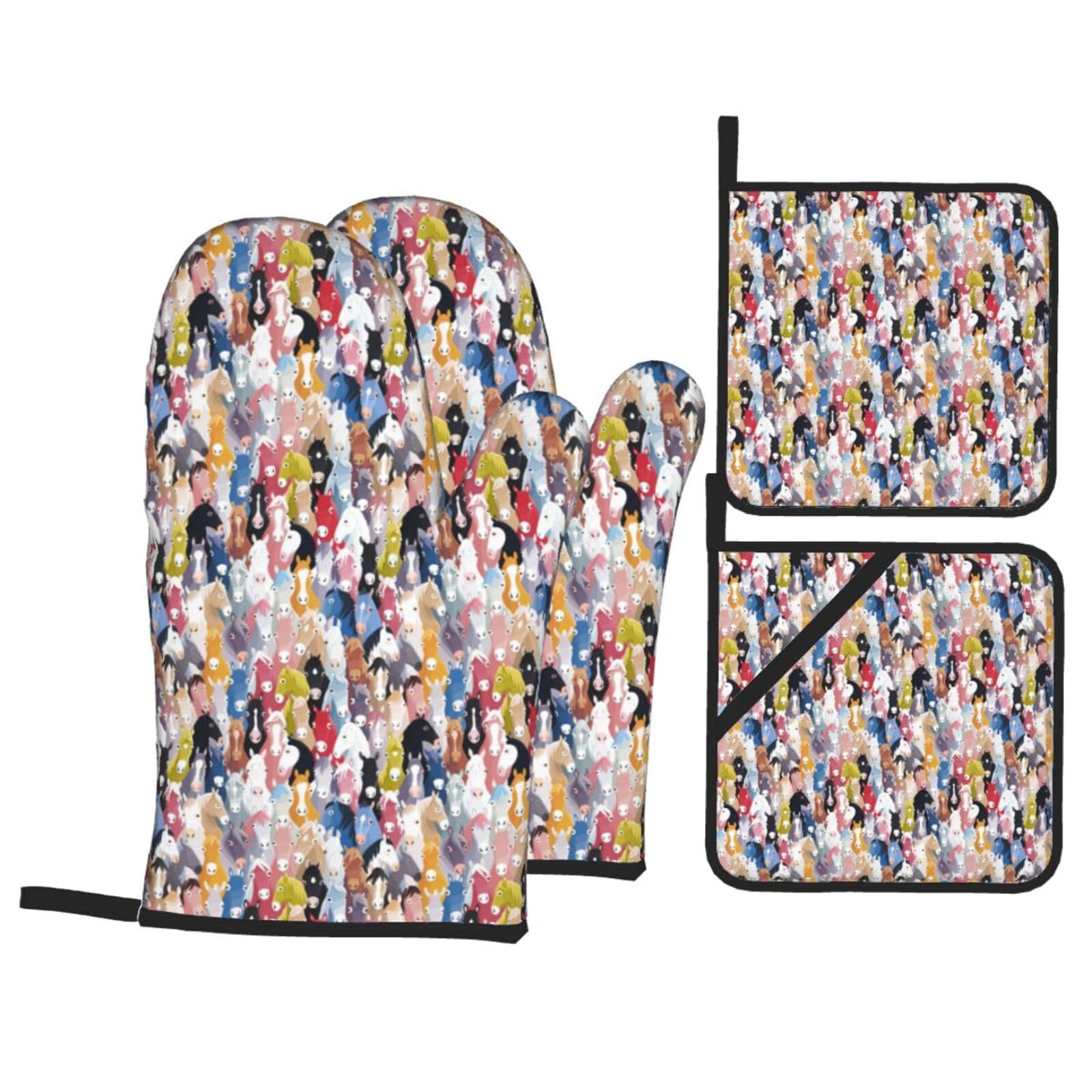 Colourful Cartoon Horses Print Stylish Heat-Resistant Oven 4-Piece Set Kitchen Gloves Roasting Daily Cooking