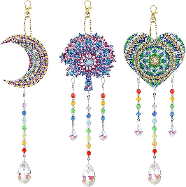 DIYARTS 3Pcs DIY Diamond Painting Suncatcher, 5D Diamond Art Painting Wind Chime, Hanging Crystal Suncatcher Kit, Double Sided Crystal Paint Ornament for Home Garden Decoration(Moon+Heart+Mandala)