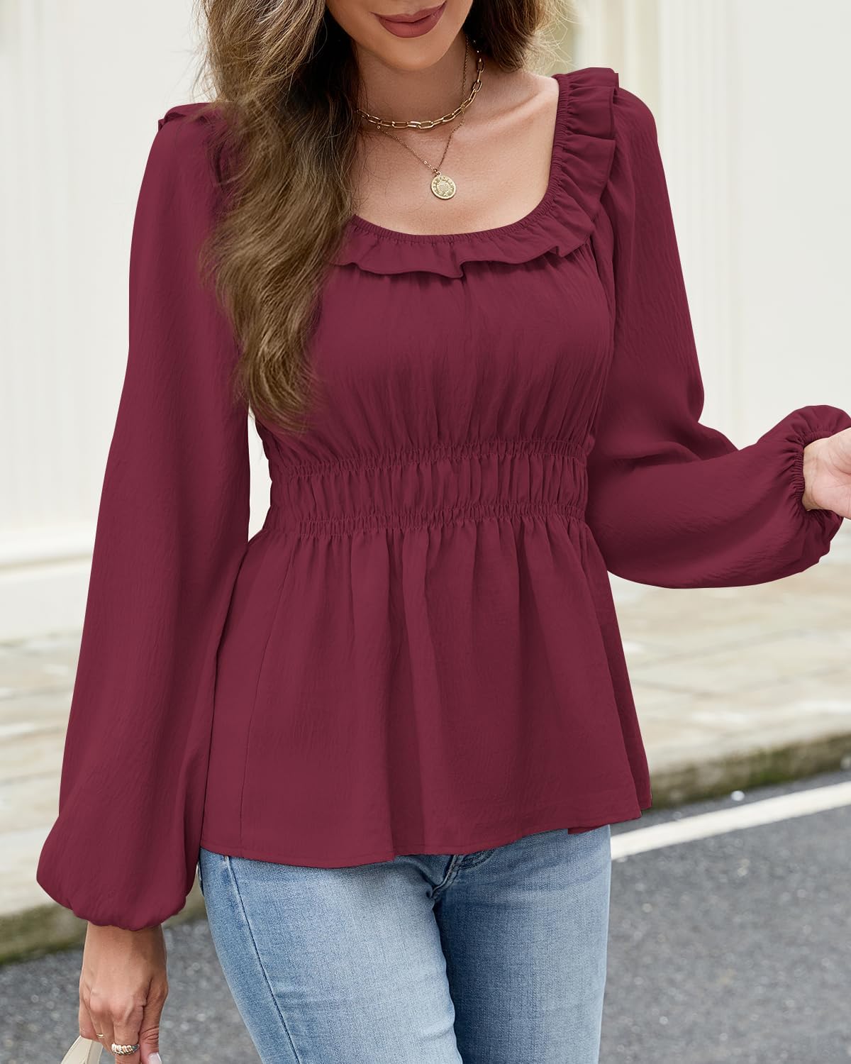 Womens Puff Long Sleeve Babydoll Tops Square Neck Ruffle Peplum Blouse Smocked Loose Fit Tunic Top Dressy Tee Shirts - Image 6