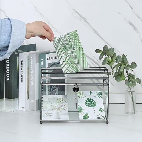 Miniatura 4 de HighFree Caja grande de cristal para tarjetas de boda de 12.2 pulgadas con ranura y cerradura, terrario geométrico de cobre hecho a mano, caja