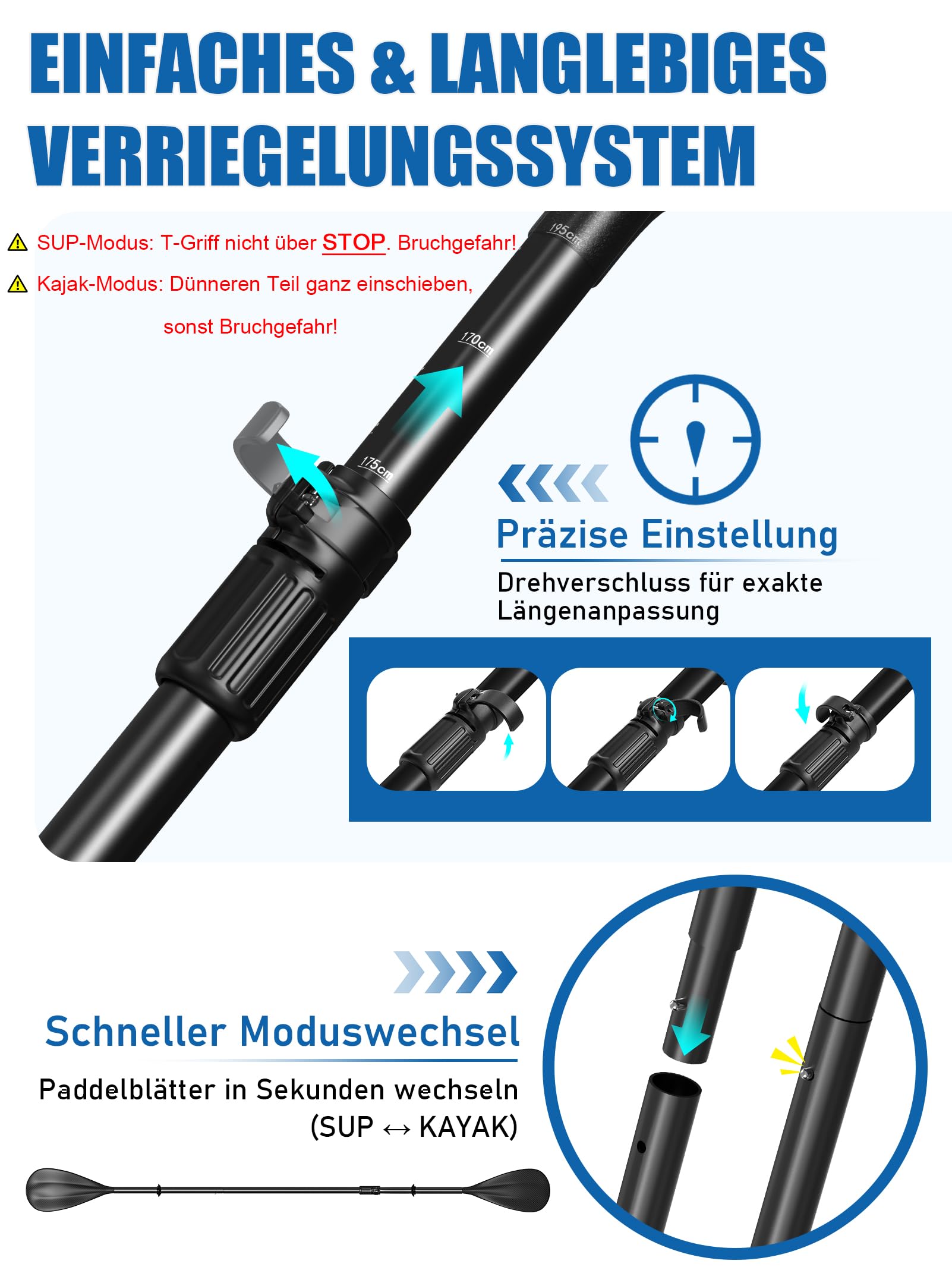 2-in-1 SUP Paddel [Carbon oder Aluminium], 4-teilig faltbar & verstellbar, mit verstärkten PP-Blättern, für Kajak und Stand Up Paddle Board