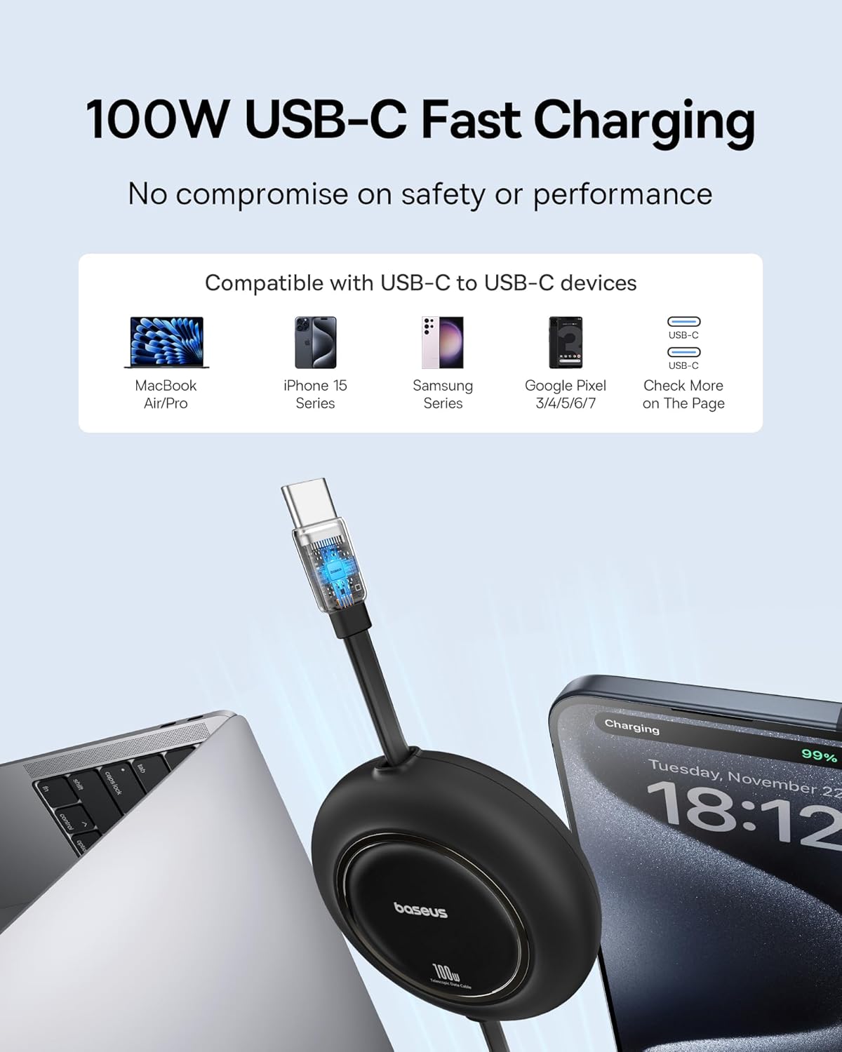 Baseus Retractable USB C Cable, 100W 2-Pack 6.6ft USB C to USB C Fast Charging Retractable Type Cable USB C Cable, 100W PD 5A QC 4.0 Fast Charging USBC to USBC Cable