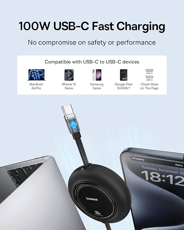 Baseus USB C to USB C Cable, 100W 6.6ft Retractable USB C Fast Charging Cable, 7-Stage Length Preset Retractable Charger Cord for iPhone 16 15 Pro Plus Pro Max, MacBook, iPad Pro, Samsung S24/S23 by Baseus - Image 2