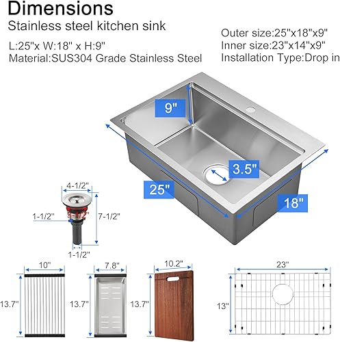 Miniatura 32 de MENATT Fregadero de cocina de 23 pulgadas, calibre 18 de acero inoxidable con orificio para grifo único, repisa de un solo tazón, fregadero