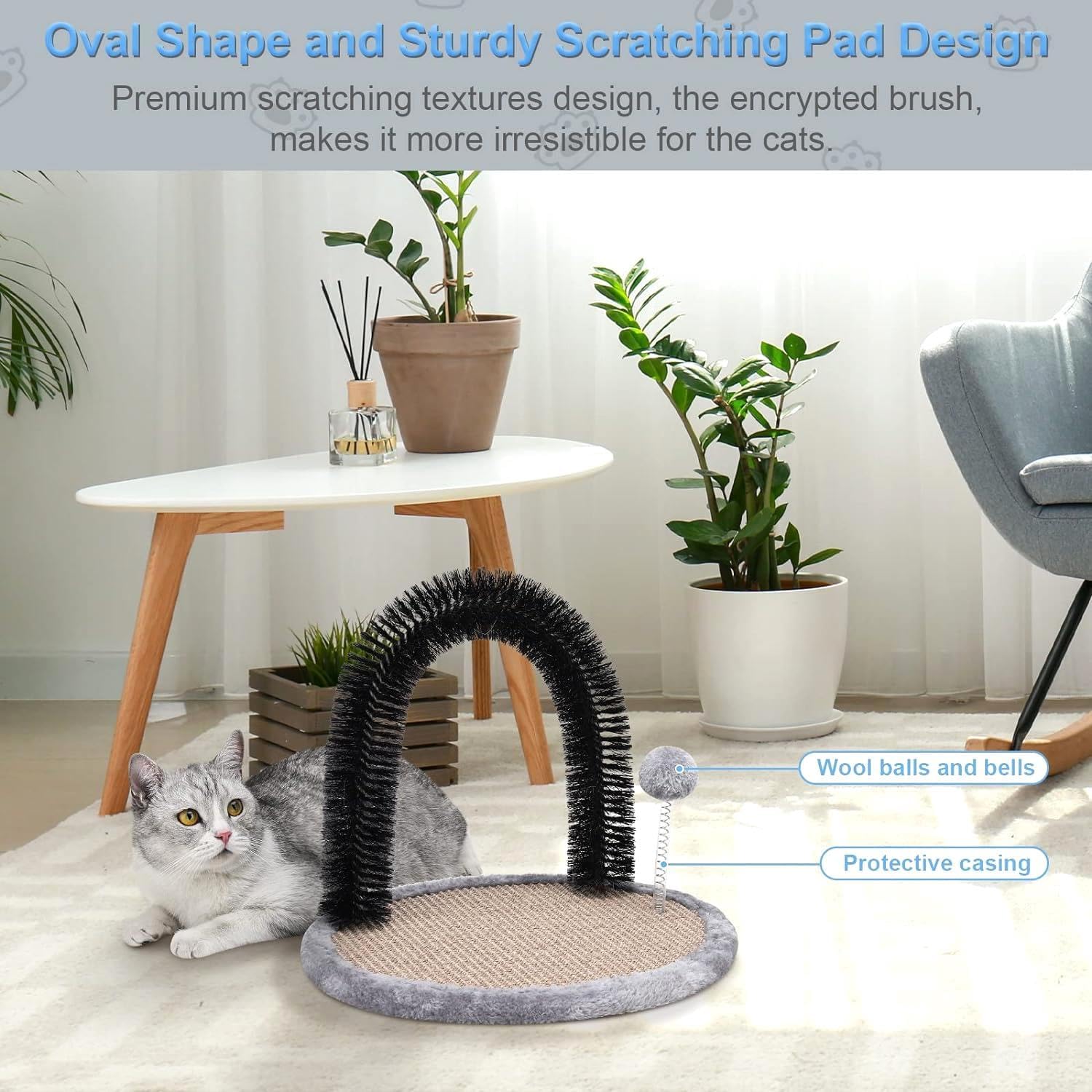 review Cat Scratching Post with Arch and Self Groomer Massager - Interactive Toy with Balls for Indoor Cats, Reversible Design - 2022 Upgrade, Larger Size, Easy Assembly, Durable Sisal Material