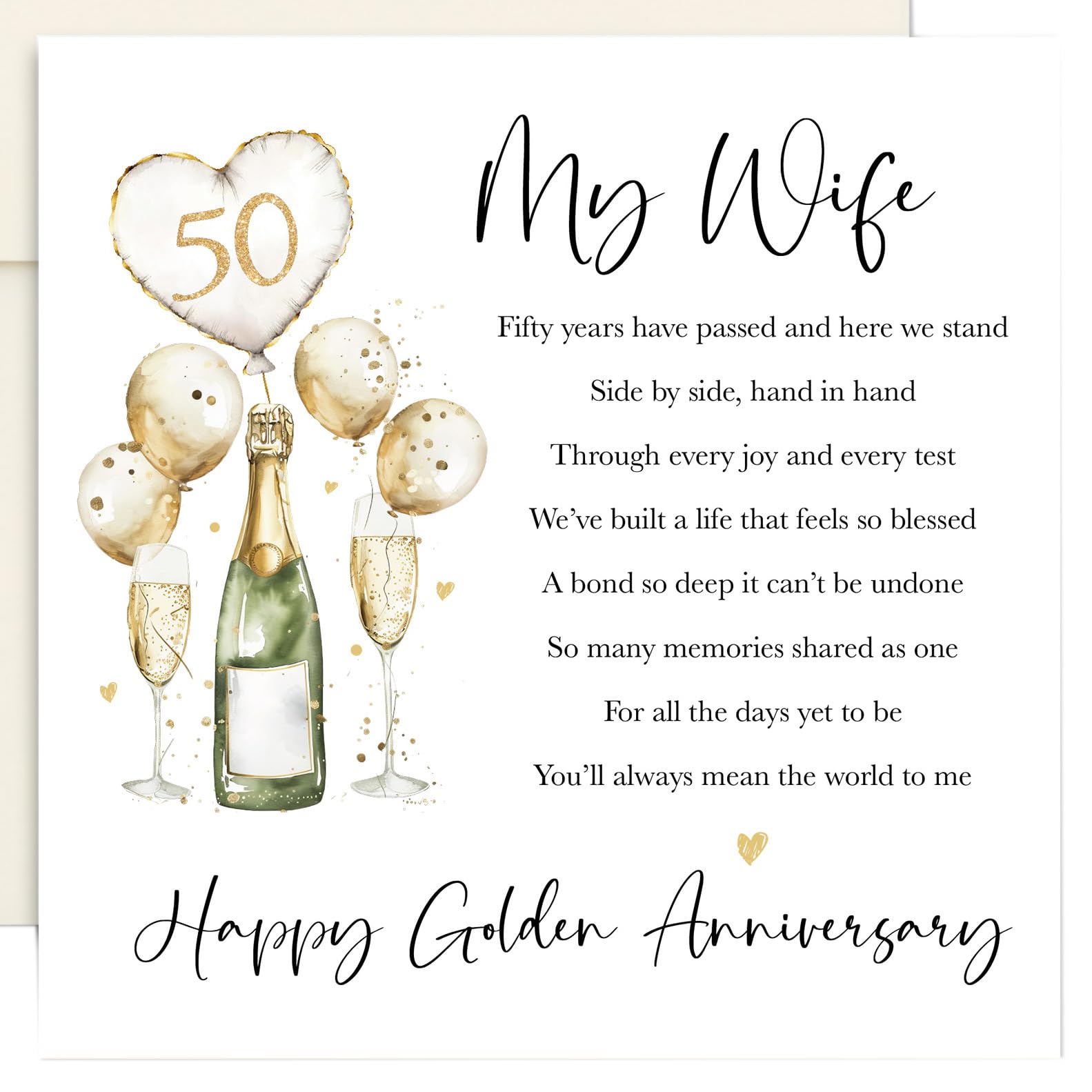 50th Golden Wedding Anniversary Card for Wife - Original Poetry Keepsake Card, Premium Linen, Blank Inside, Luxury Ivory Envelope