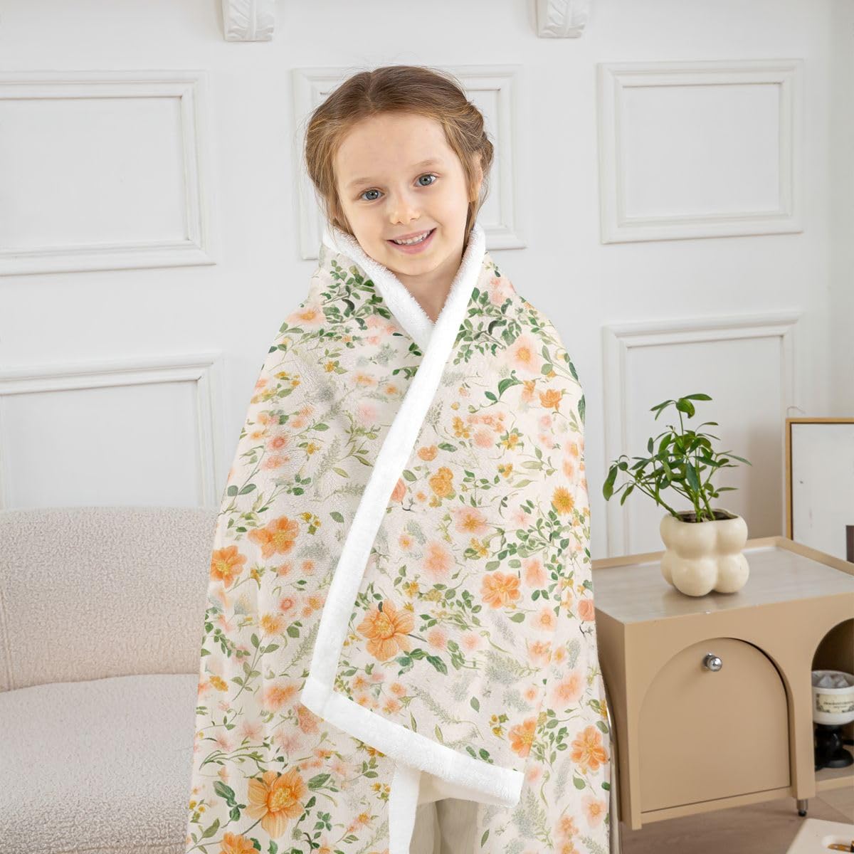 Homewish Uroczy kwiatowy koc polarowy, podwójny, 152 x 203 cm, wiejski kwiat, ciepły, pluszowy koc sherpa, boho, botaniczne kwiaty, puszysty, pluszowy, żółty, rustykalny dziki kwiat, do salonu
