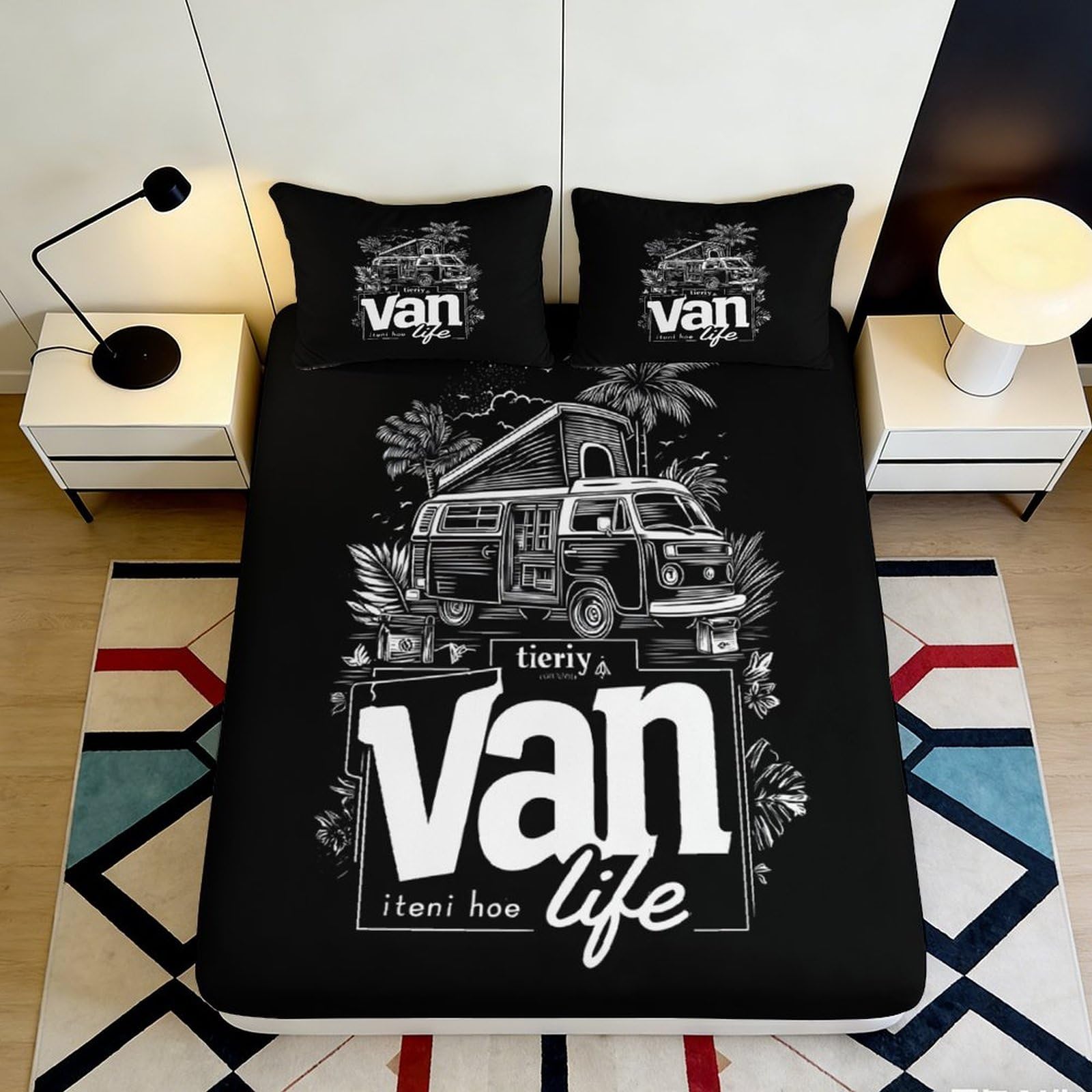 3D Printed Van Life Black Fitted Sheet Microfiber Soft Durable Van Camper Mattress Cover for Bedroom Dormitory Guest Room Protection and Decor 200x200x25cm