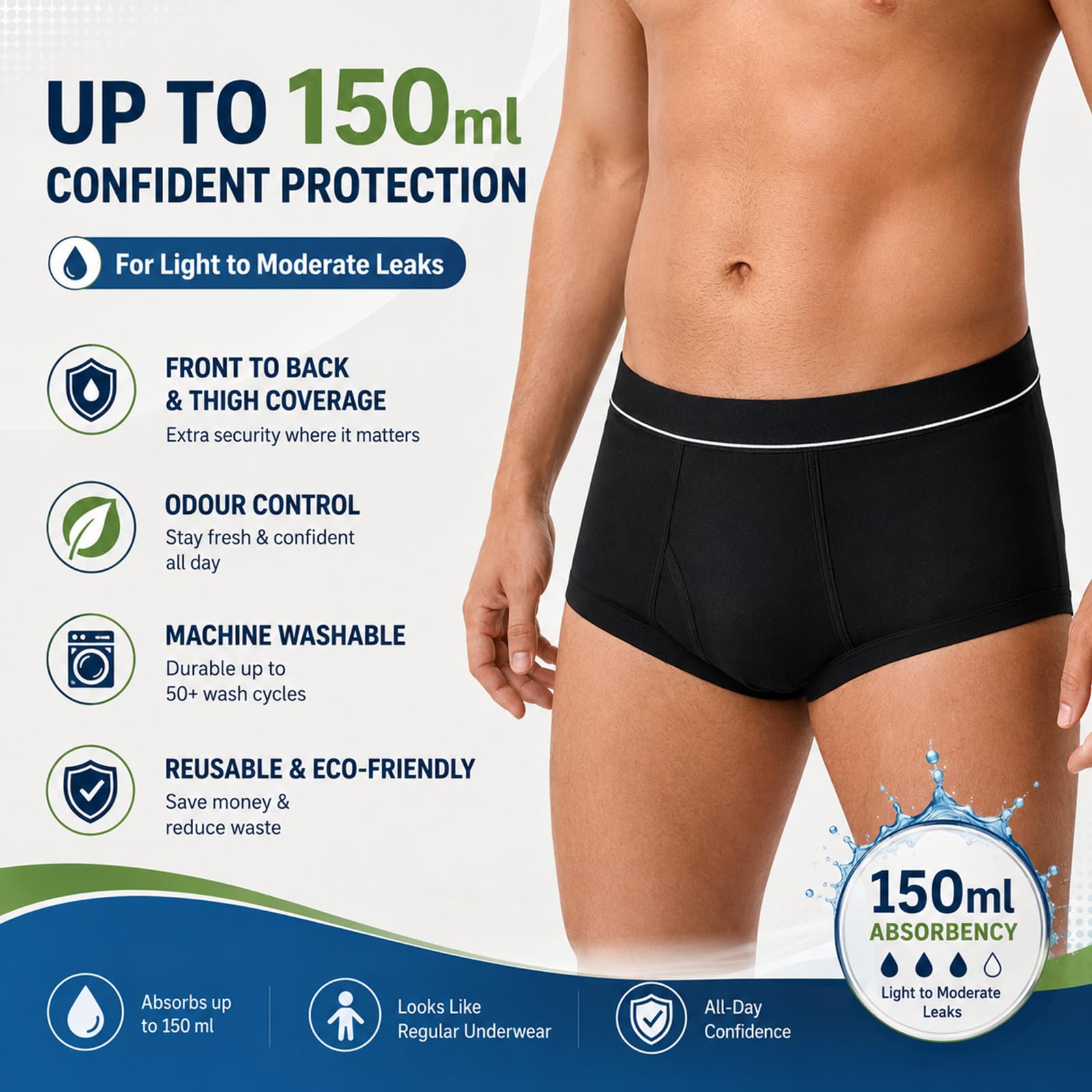 Ropa interior lavable para incontinencia para hombre, calzoncillos de algodón a prueba de fugas con bragueta, bragas a prueba de fugas urinarias delanteras y traseras, absorción de 150 ml