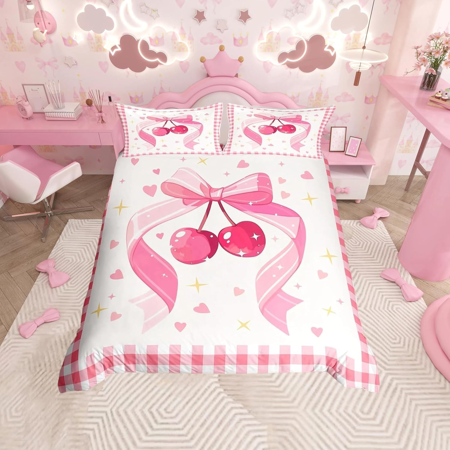 Homemissing Pink Bowknot Duvet Cover Set Cot Size For Kids Girls Toddler Women Cute Bow Cherry Bedding Set Love Heart Comforter Cover with 1 Pillowcase Dreamy Princess Style Beds Set