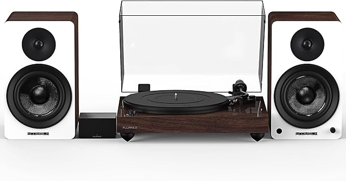 Fluance Reference RT82 High Fidelity Vinyl Turntable Natural Walnut, PA10 Phono Preamp, Ai61 Powered 6.5" Bookshelf Speakers White Walnut, Ortofon OM10 Cartridge, 120W Class D Amplifier, Bluetooth