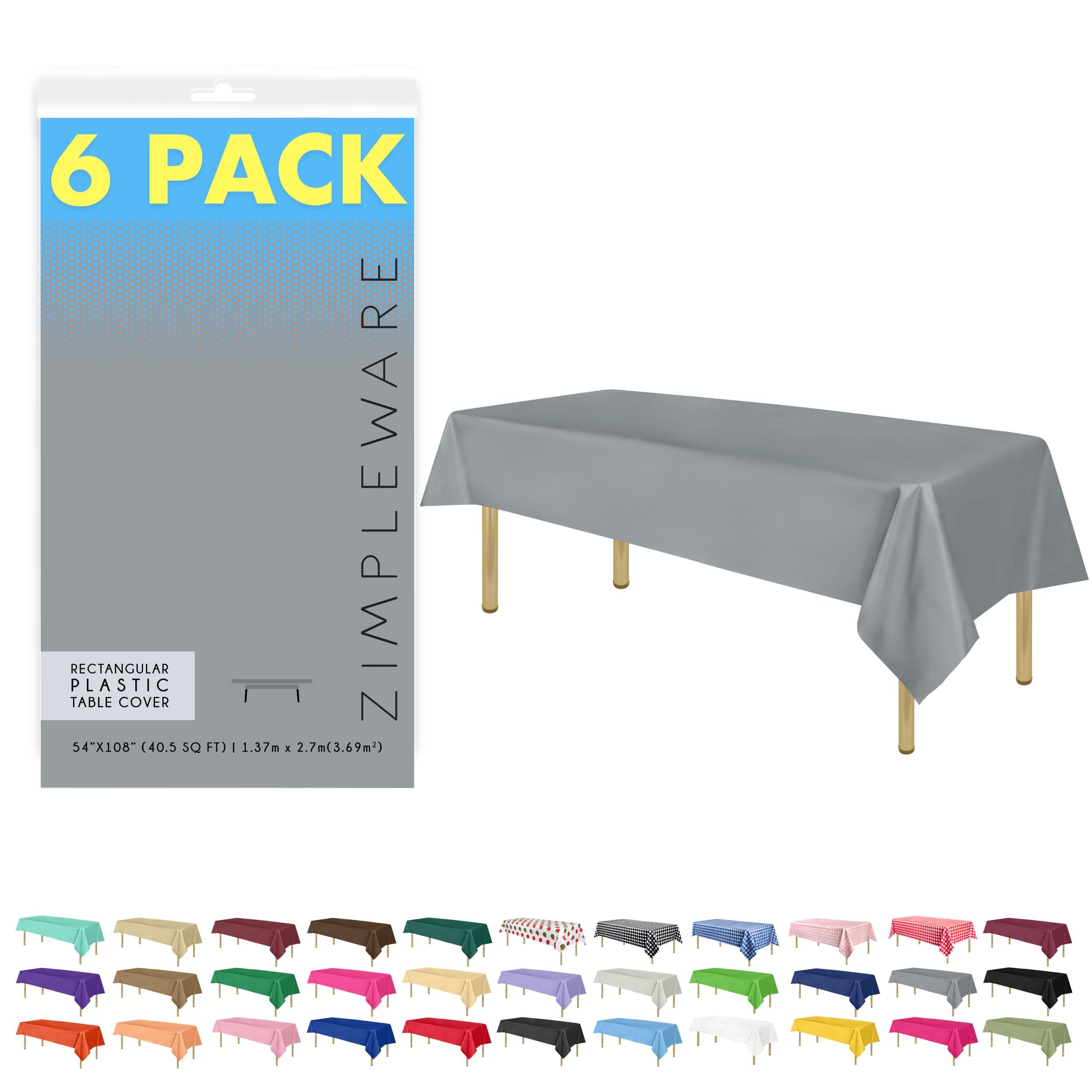 ZIMPLEWARE Premium Silver Plastic Table Cloth Disposable (6 Pk) Plastic Tablecloths for Rectangle Tables (54in x 108in) Party Table Cloths Disposable