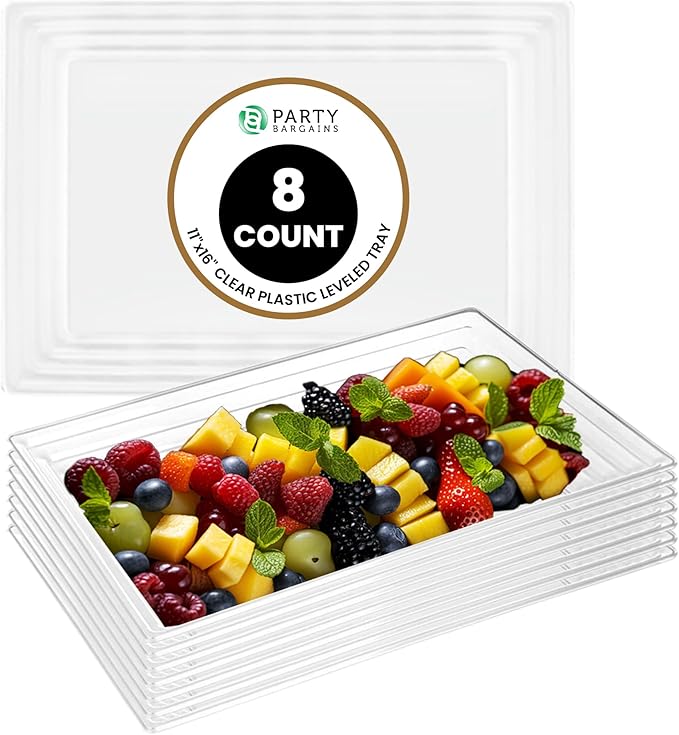 Party Bargains 11"x16" Disposable Leveled Rectangular Tray, 8 Pack, Clear, Plastic