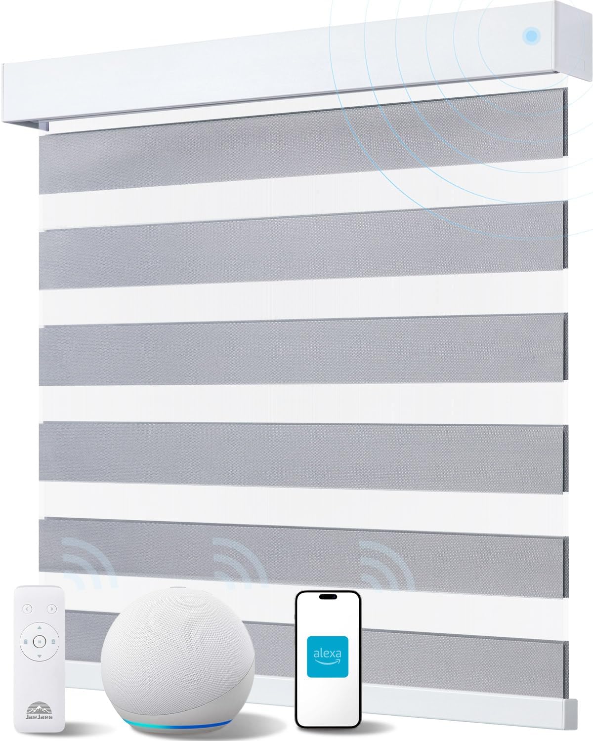 Smart Zebra Blinds for Windows, Alexa Motorized Blinds with Remote Control, Automatic Electric Power Zebra Shades for Indoor Windows (59 W x 72 H, Gray Fabric  White Shell)