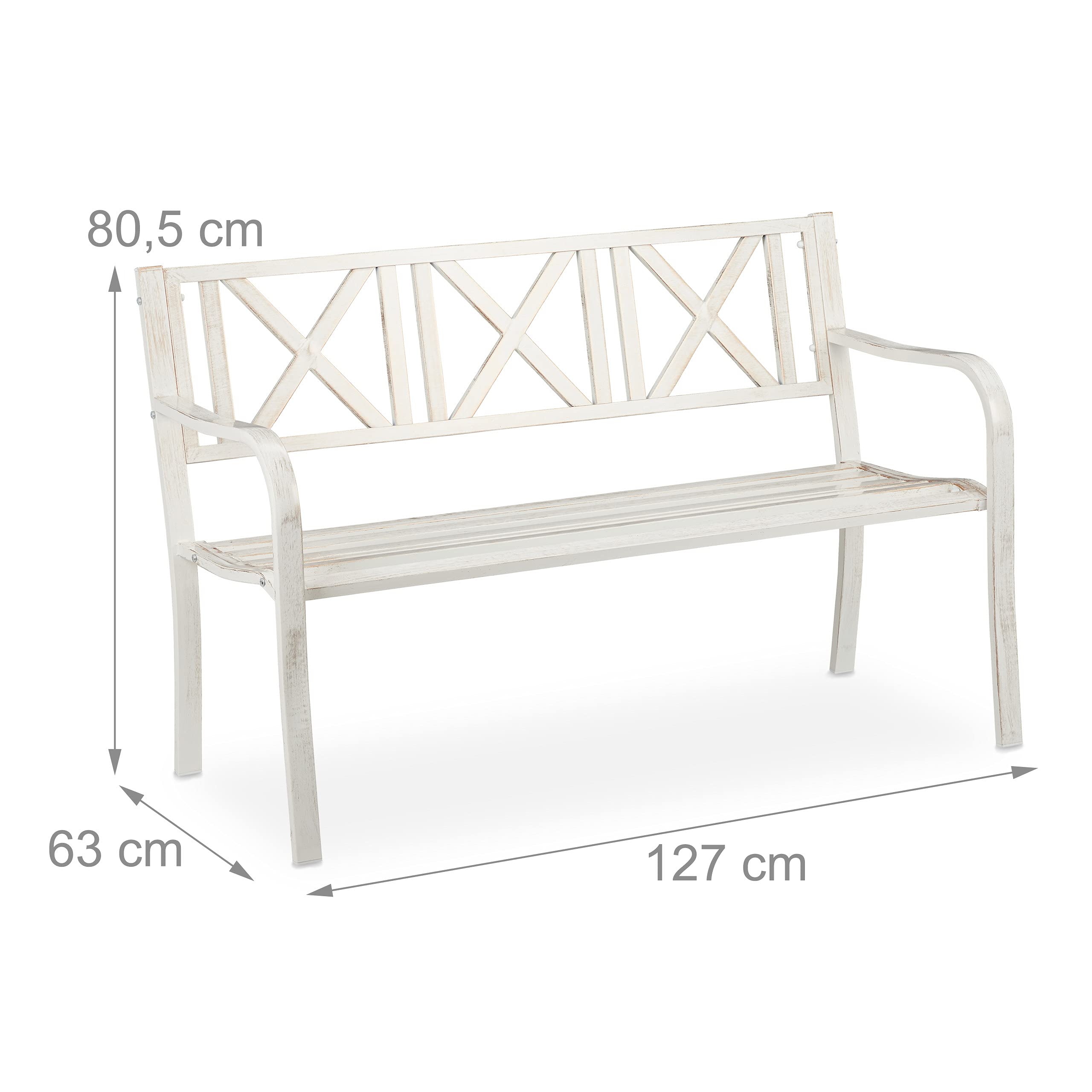 Relaxdays Panchina da Giardino, 2 Posti, da Esterno, Terrazzo Balcone Acciaio Robusto, 80,5 x 127 x 63 cm, Bianco Bronzo
