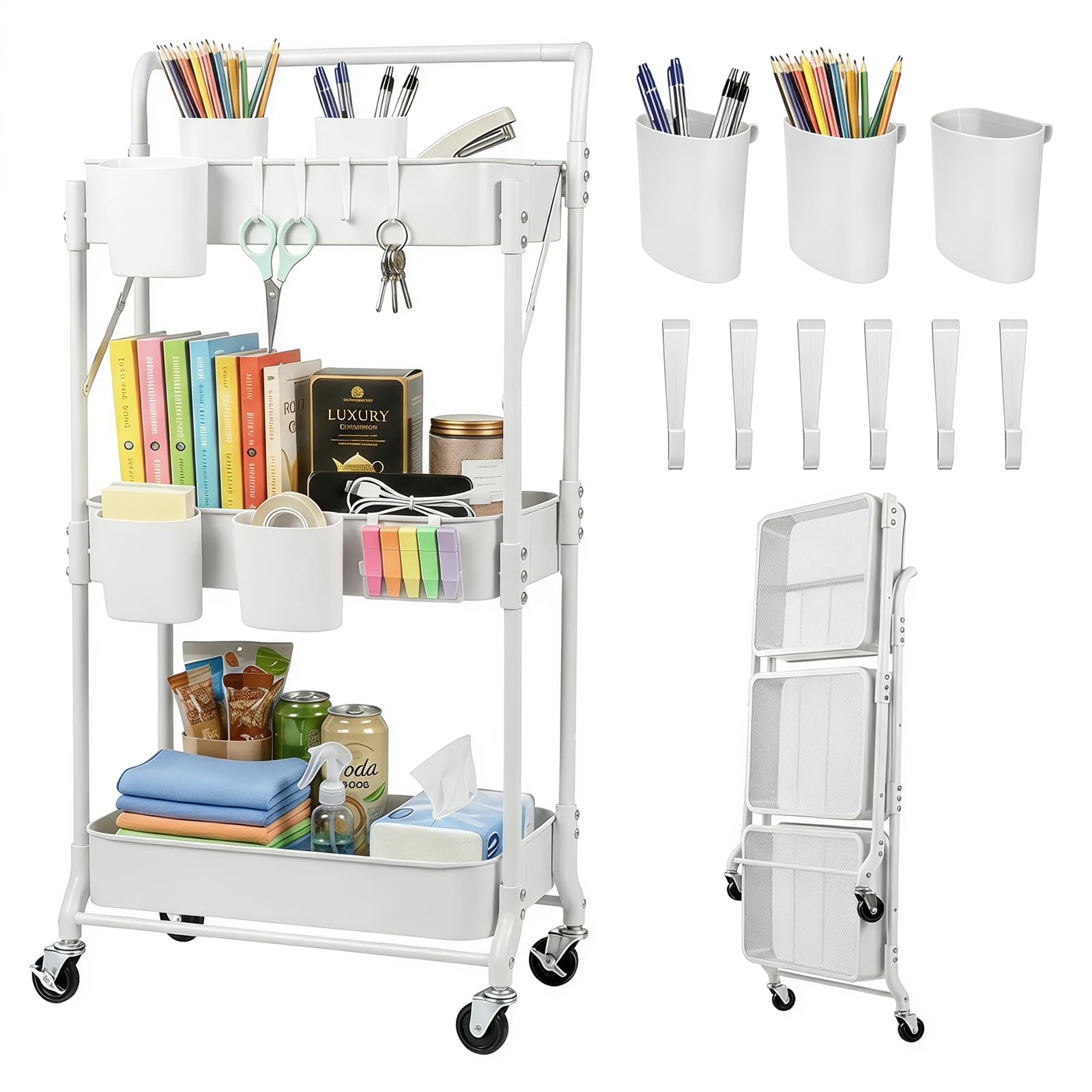 Amatic Carrello da cucina pieghevole a 3 ripiani, carrello da cucina, carrello da cucina, carrello da cucina, carrello da cucina, carrello per salone, bianco, 45 x 31 x 93 cm