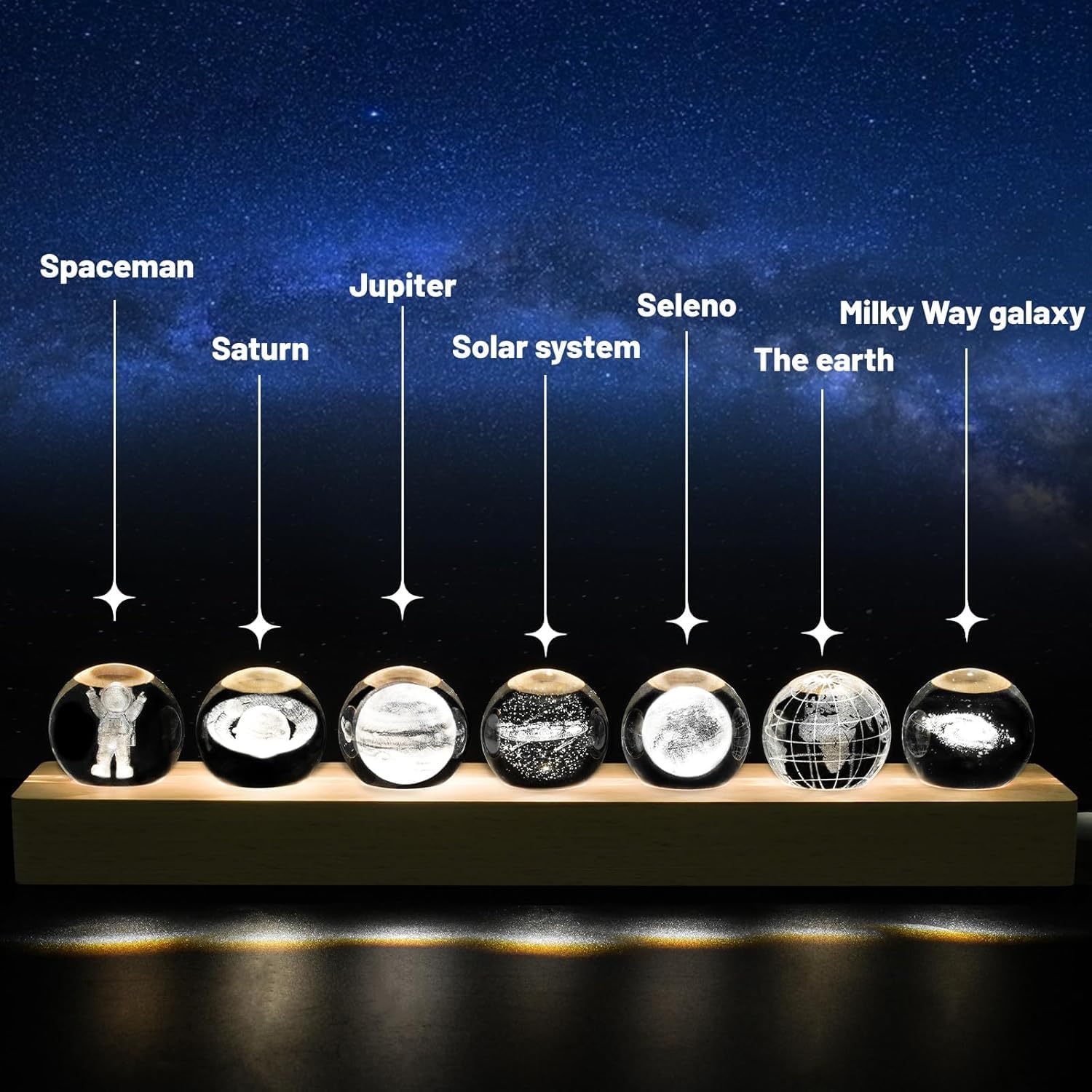 7Pcs Planet Crystal Ball Night Light with LED Wooden Base Solar System Galaxy Saturn Moon Lamp Room Decor Astronomy Space Gifts Birthday Christmas