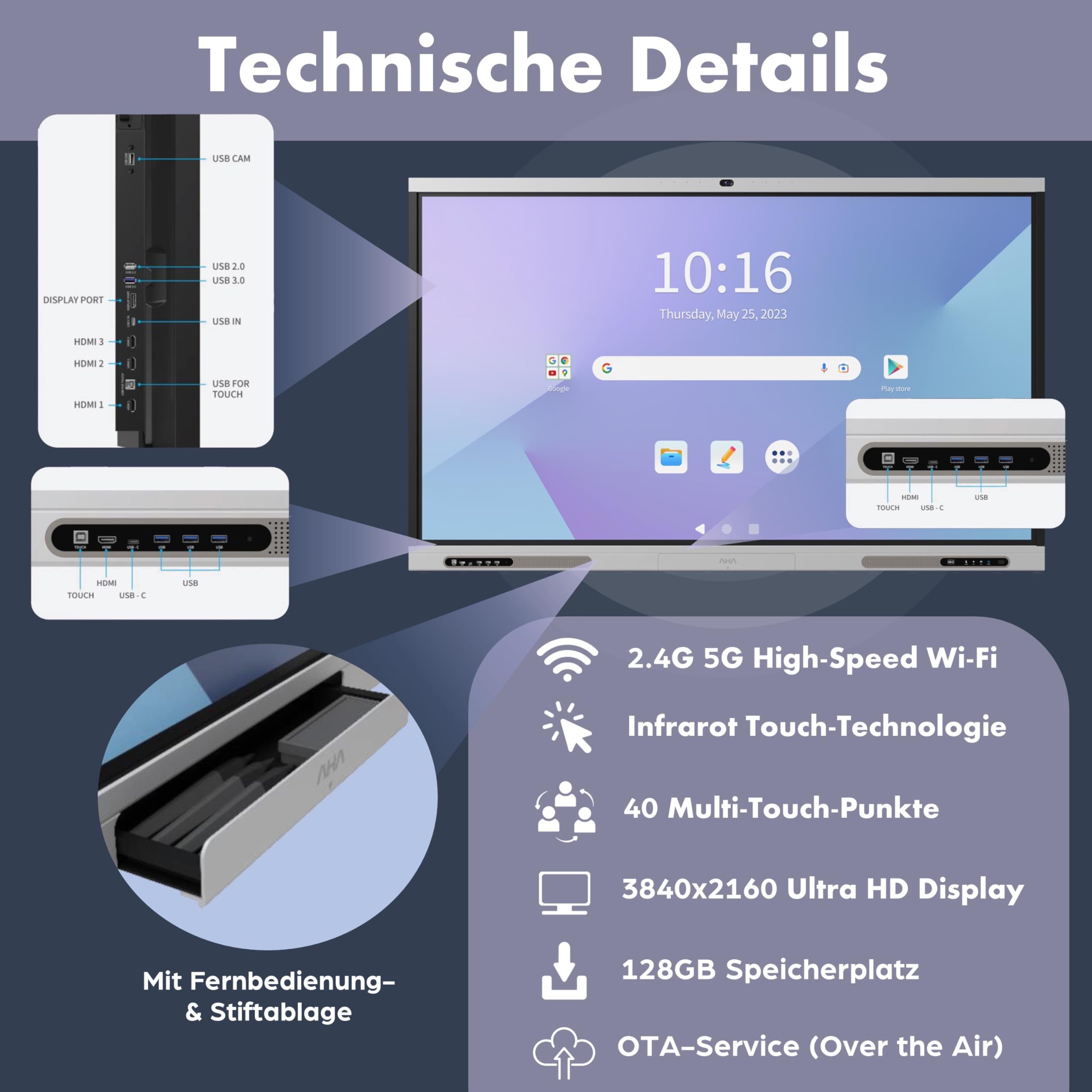 Interaktives Whiteboard 65 Zoll mit Video-Kamera, Google-EDLA & Office (4K UHD) 2.4G WiFi - Digitales Smart-Board & Tafel für Schule & Unternehmen - Flipchart Monitor Touch-Screen