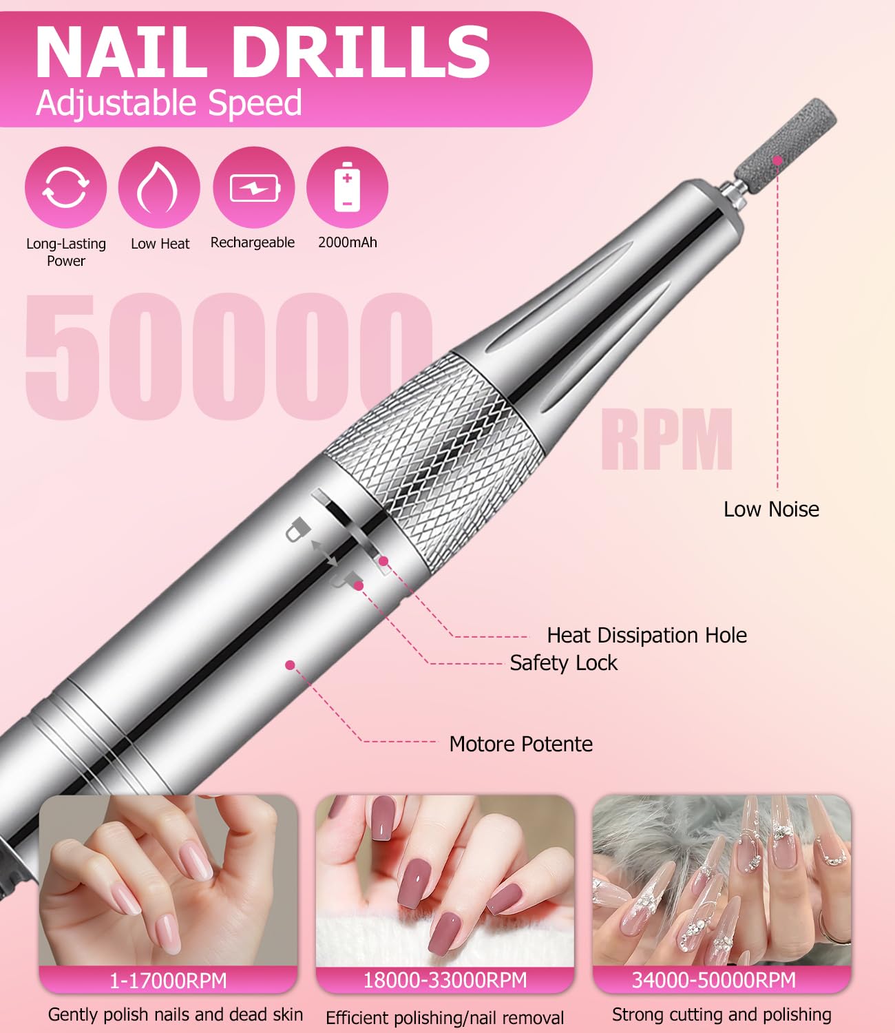 Bixury Lima Electrica Uñas Pulidor Lima Electrica Lima Electrica Uñas Portatil Drill para Uñas Profesional Torno Pedicura 50000RPM Velocidad Ajustable con Pantalla LCD para Manicura y Pedicura