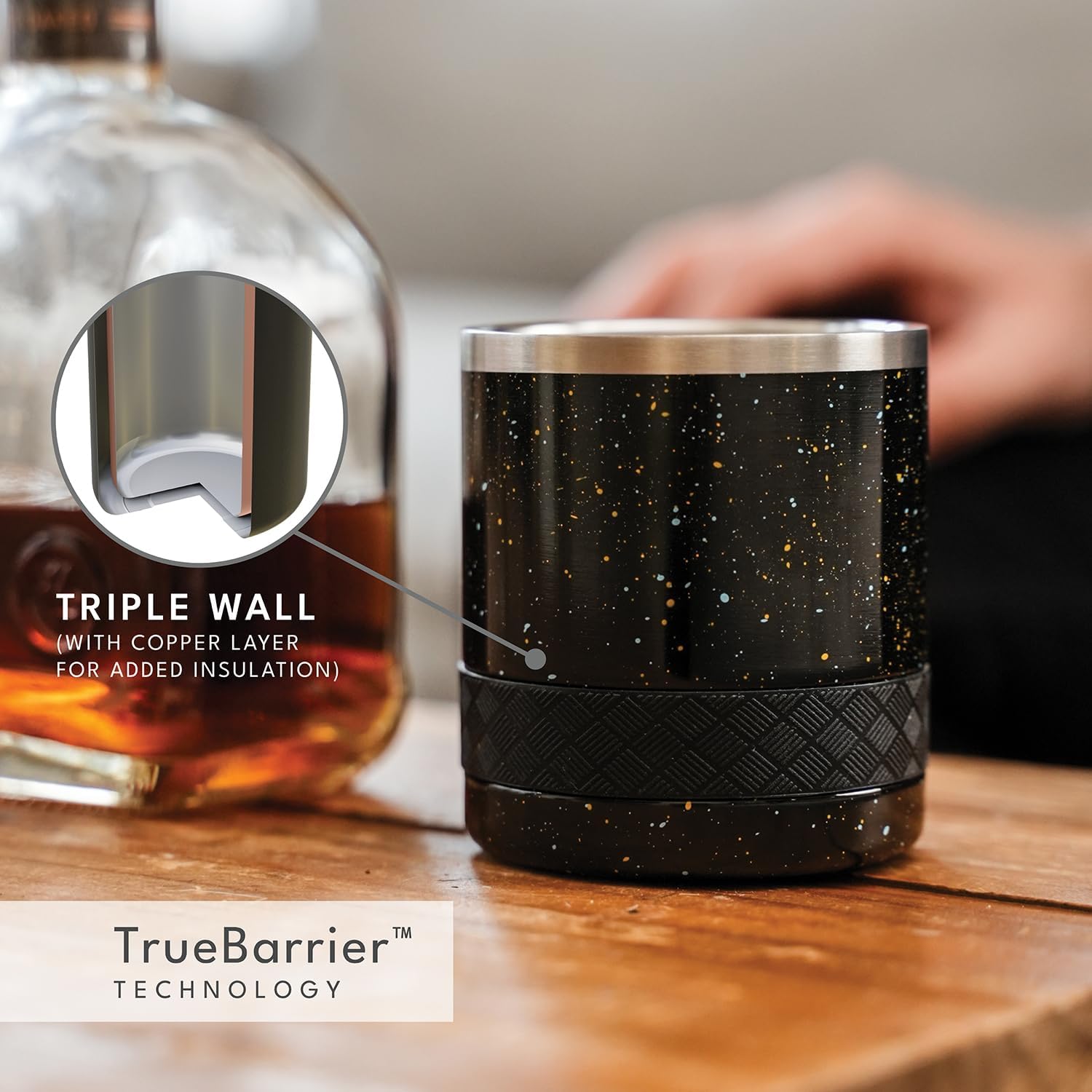 Elemental Recess Lowball Tumbler, 10oz Triple Wall Stainless Steel Cup with Non-Shattered Tritan Lid, Insulated Whiskey Glass, Insulated Coffee Tumbler Mug for Hot & Cold Drinks - Black Speckle - Image 3
