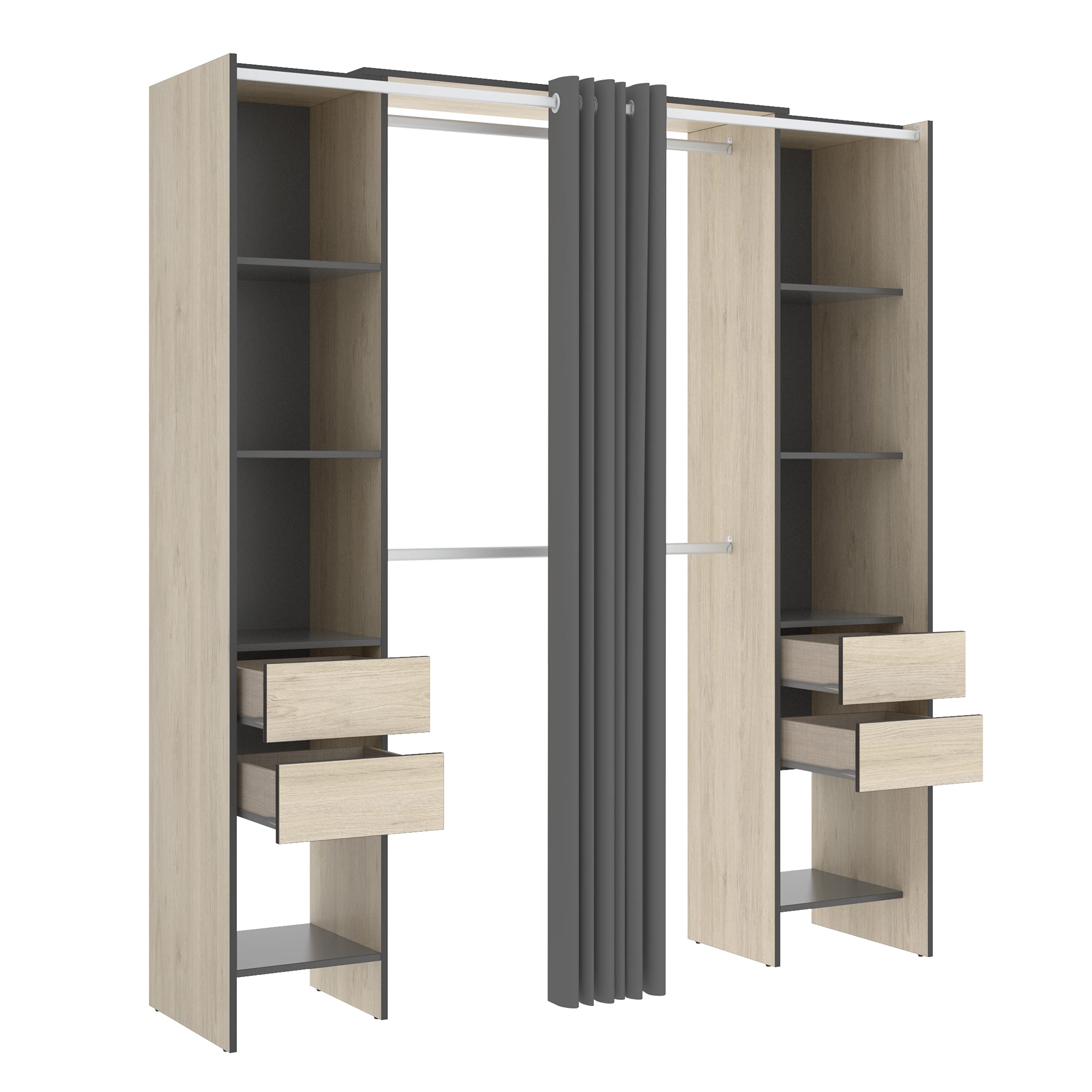 DEKIT GRUPO RIMOBEL SUIT - Vestidor con estantes y curato cajones con cortina - Natural / Grafito - 205 X 50 X 177,5 cm