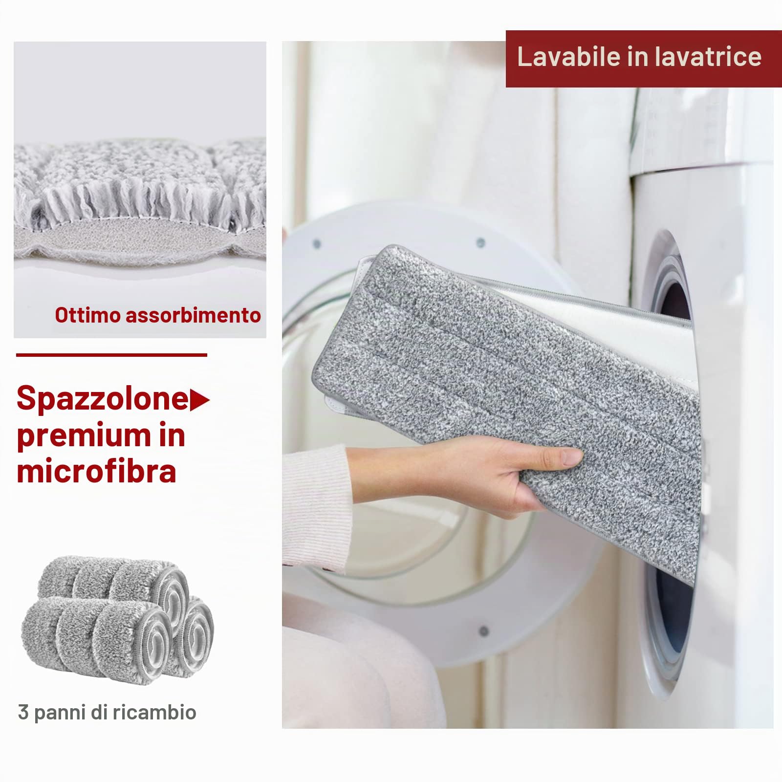 BOSHENG Mocio e secchio con strizzatore, mocio piatto e secchio mani libere, 3 panni in microfibra lavabili inclusi, uso bagnato e asciutto, sistema di pulizia del pavimento domestico, nero e rosso