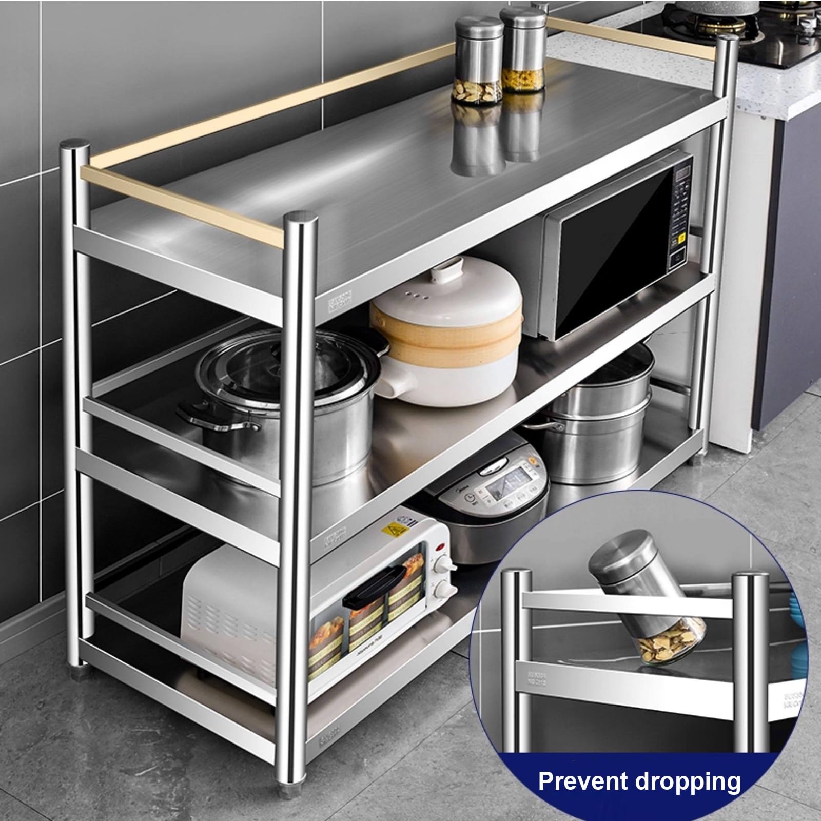 Tavolo in acciaio inox per preparazione e lavoro, preparazione degli alimenti, attività di manutenzione, scaffale a pianta aperta, isola da cucina, tavolo da lavoro per barbecue, cucina, casa e garage