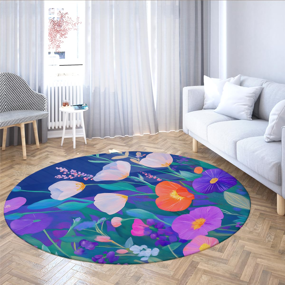 Zmywalny okrągły dywan boho kwiat okrągły dywan 180 cm (okrągły) kolorowe dywany ogrodowe fioletowy pomarańczowy kwiatowy antypoślizgowy dywan do wnętrz do salonu sypialni