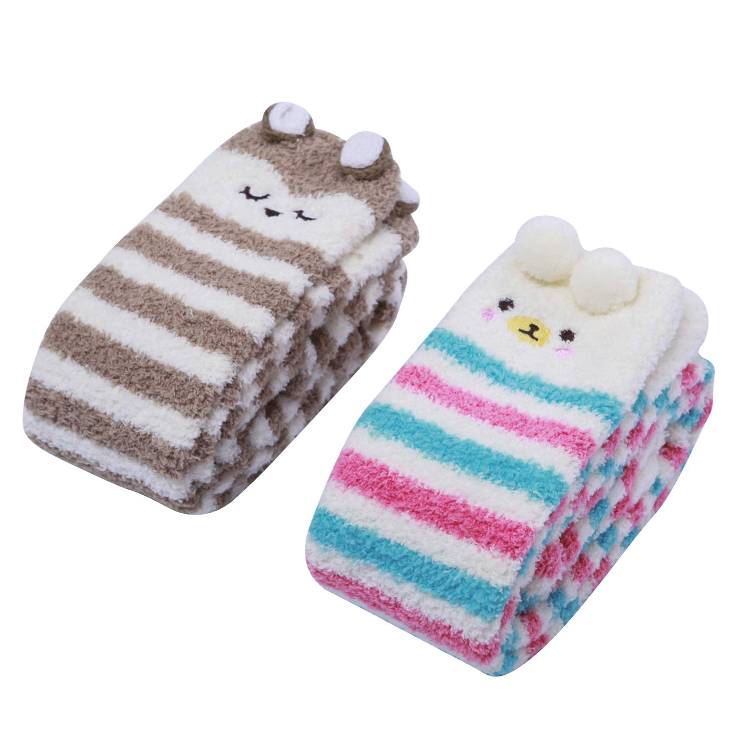 LittleForBig Cute Animal Coral Fleece Thigh High Long Striped Socks 2 Pairs-Brown/Color
