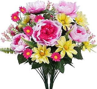 Cemetery Flowers for Grave 2 Bundles - Real Touch Pink Artificial Peonies Fake Wildflowers Floral Arrangements for Cemetery Graveside Wedding Centerpieces Outdoor Home Decor