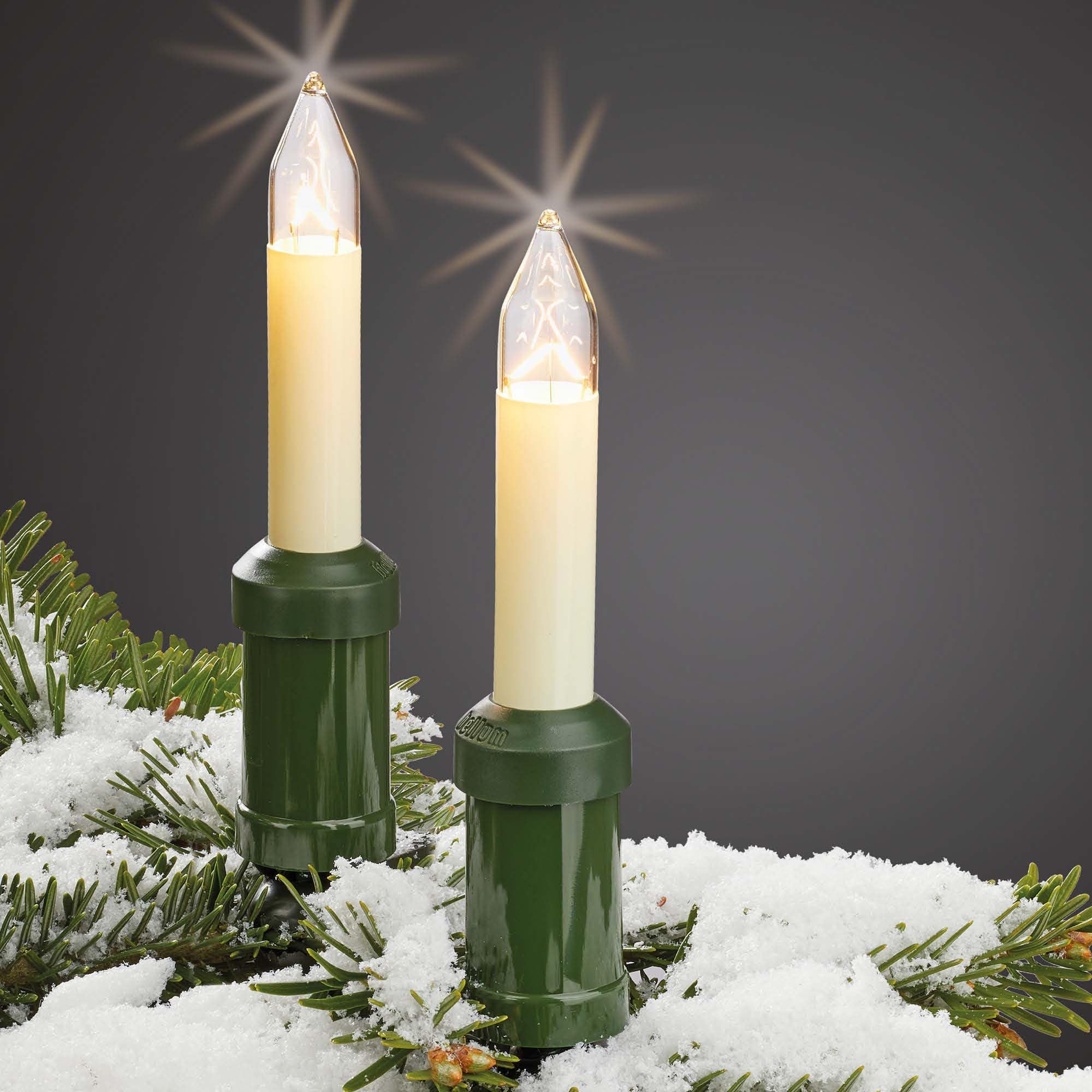 hellum Kerzen Lichterkette mit 20 Lichtern für außen, teilbarer Stecker | Made in Germany warmweiß, Kerzen Lichterkette mit Clip, 19m beleuchtet, Kabel schwarz, inkl. 3 Ersatzkerzen <59lm 430011