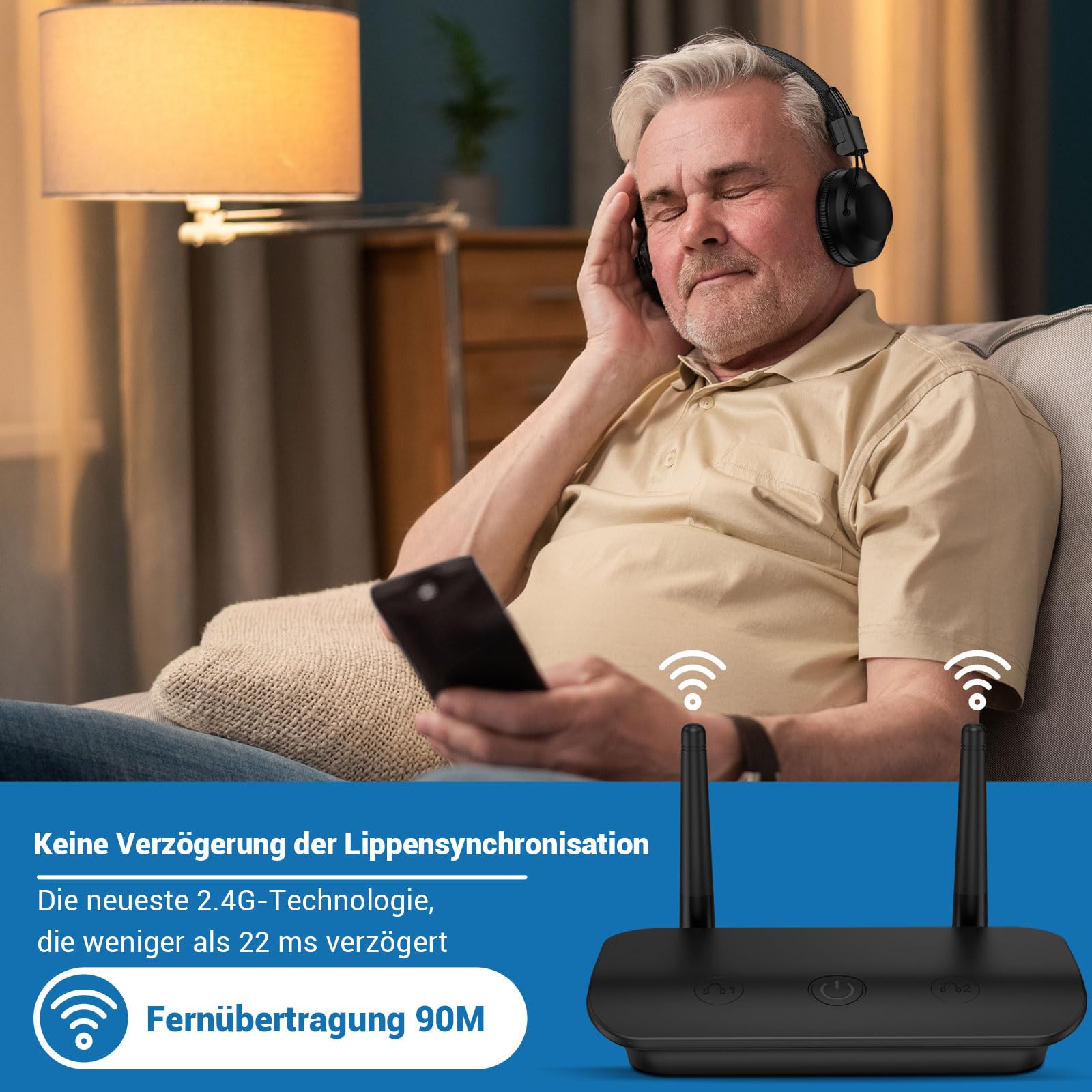 Dual Wireless Kopfhörer zum Fernsehen mit Sender und Headset-Ständer, 196ft Reichweite mit optischen, AUX, RCA und USB, hohe Lautstärke, 40 Stunden Spielzeit