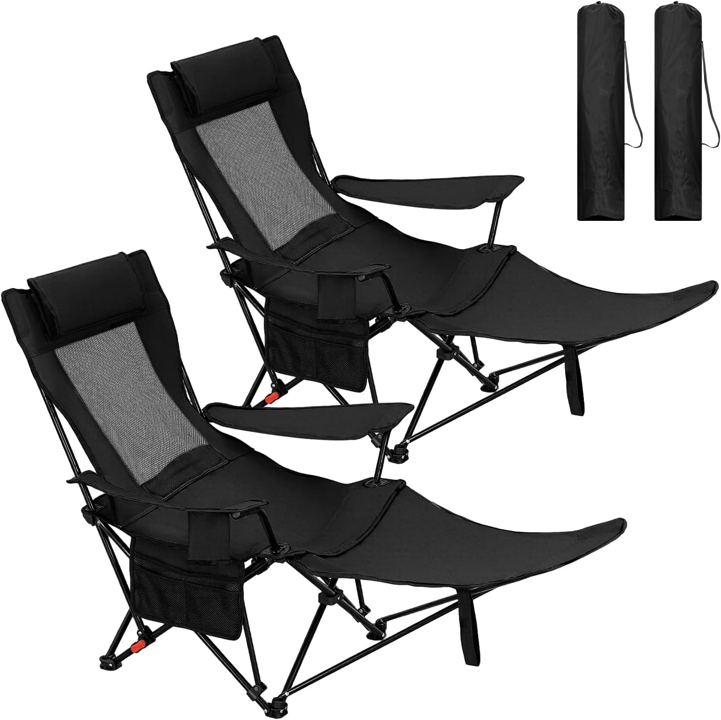 WOLTU Set di 2 Sedie Pieghevoli, Sdraio da Giardino, Regolabili in 3 Posizioni, Supporta 150 kg, con Portabicchieri, Tasca Laterale, Poggiapiedi, per Campeggio, Pesca, Spiaggia, Nero