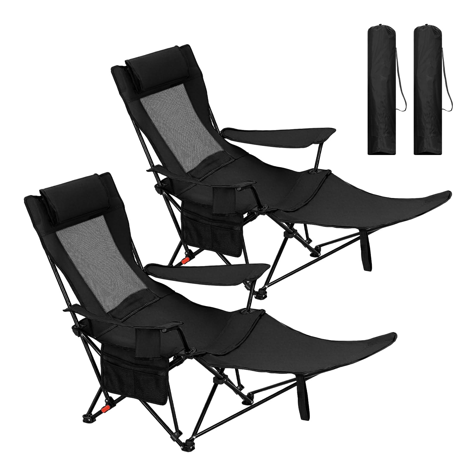 WOLTU Set di 2 Sedie Pieghevoli, Sdraio da Giardino, Regolabili in 3 Posizioni, Supporta 150 kg, con Portabicchieri, Tasca Laterale, Poggiapiedi, per Campeggio, Pesca, Spiaggia, Nero