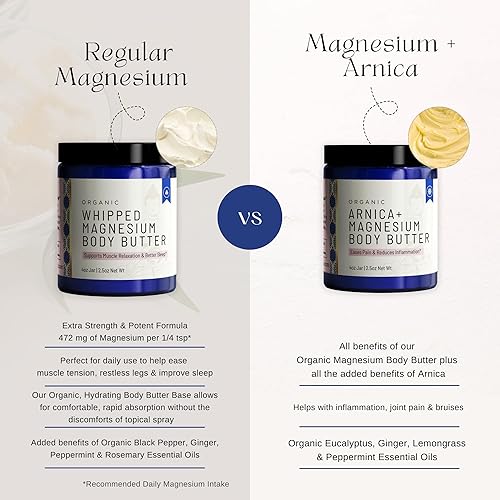 Miniatura 7 de Organic Arnica + Magnesium Whipped Body Butter, 4 oz Jar, Extra Strength Formula with Premium Quality Magnesium Choride, Natural Comfort for Muscles