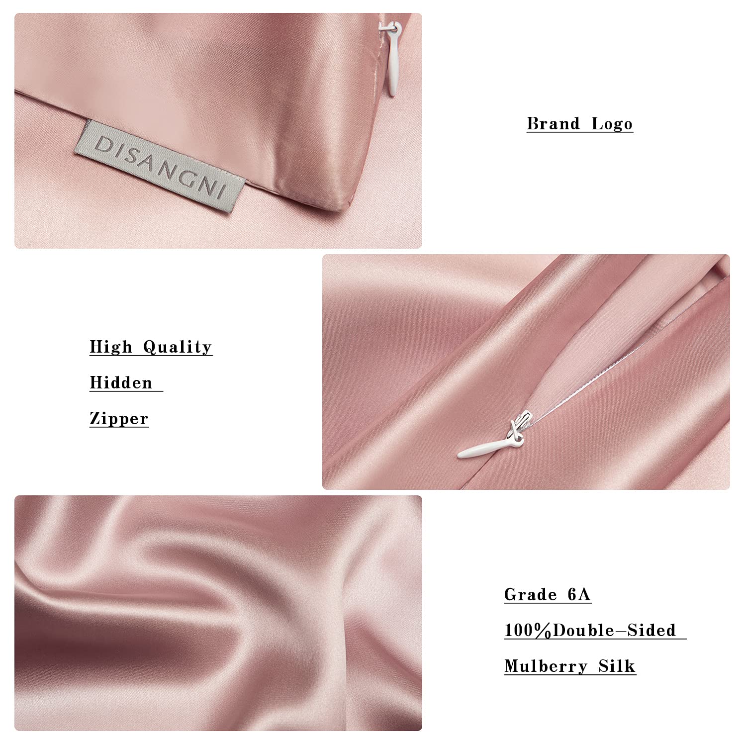 DISANGNI Fodera per Cuscino in 100% Seta di Gelso Naturale, 22 Momme, Doppia Faccia, con Cerniera Invisibile - Protezione per Capelli e Pelle (1 pz 51x66 cm rosa)