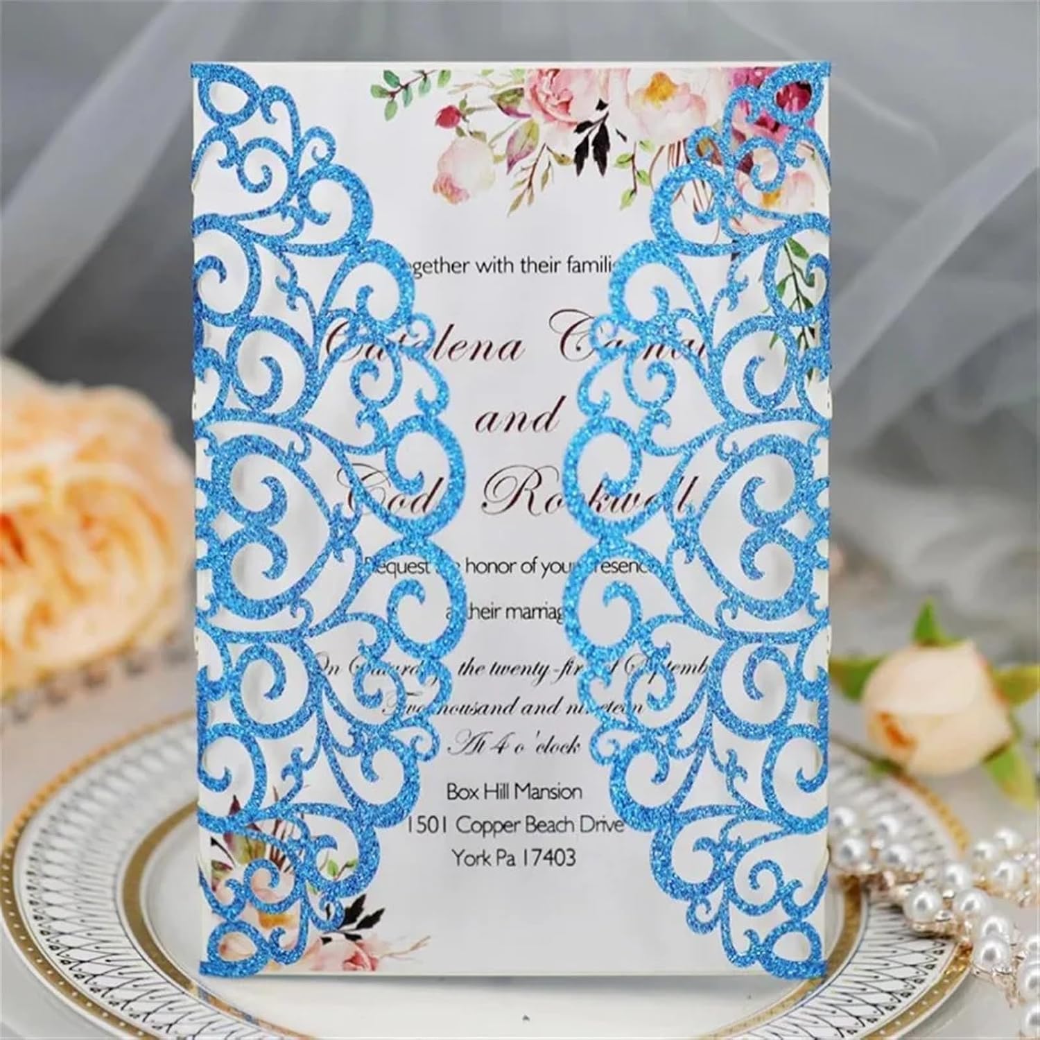 Zaproszenie ślubne, Wedding Invitation,25pcs Wedding Invitations Card Engagement Wedding Party Decoratio For Wedding Engagement Anniversary(Azure Gold)