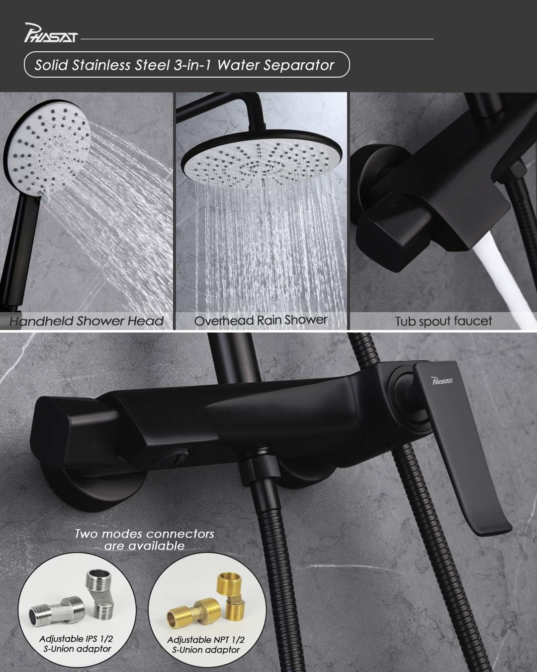 Big Sale Outdoor Shower Fixtures Stainless Steel Brass Bathroom Faucet Set with Rainfall Showerhead,Handheld Shower,Wall Mount Adjustable Shower Bar 3 Function Matte Black,CT8727,PHASAT