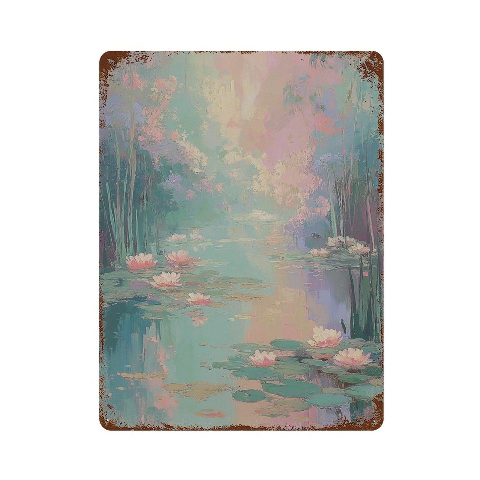 xiaoxiaoshen Pastel Water Lily Impressionist Pond Dreamy Floral Landscape Bedroom And Living Wall Decor Art Metal Tin Poster Modern Home Decor Art Home Bar Shop Decorations Vintage Sign 40x30cm