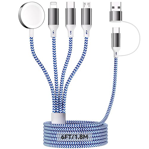 Cargador iWatch de 6 pies, esenciales de viaje, 4 en 2 USB AC a puerto iOStipo CMicro USBcargador de reloj, cable de carga rápida multitrenzado de