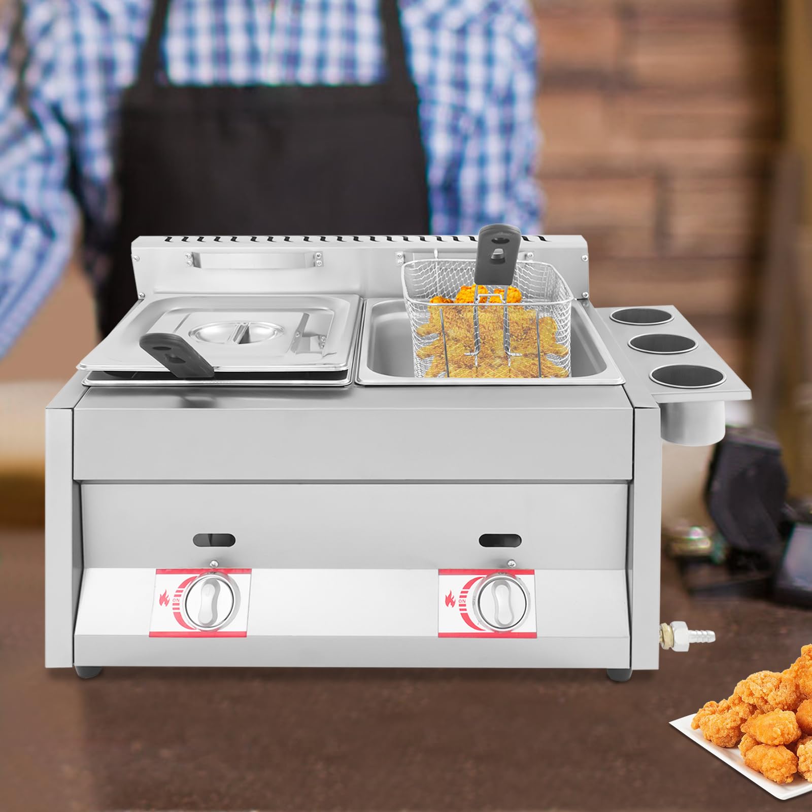 Friggitrice a gas a doppio vassoio, 2 x 6 l, in acciaio inox, con due cestini, regolazione della temperatura, rubinetto di scarico, portabicchieri, friggitrice commerciale, per snack, ristorante