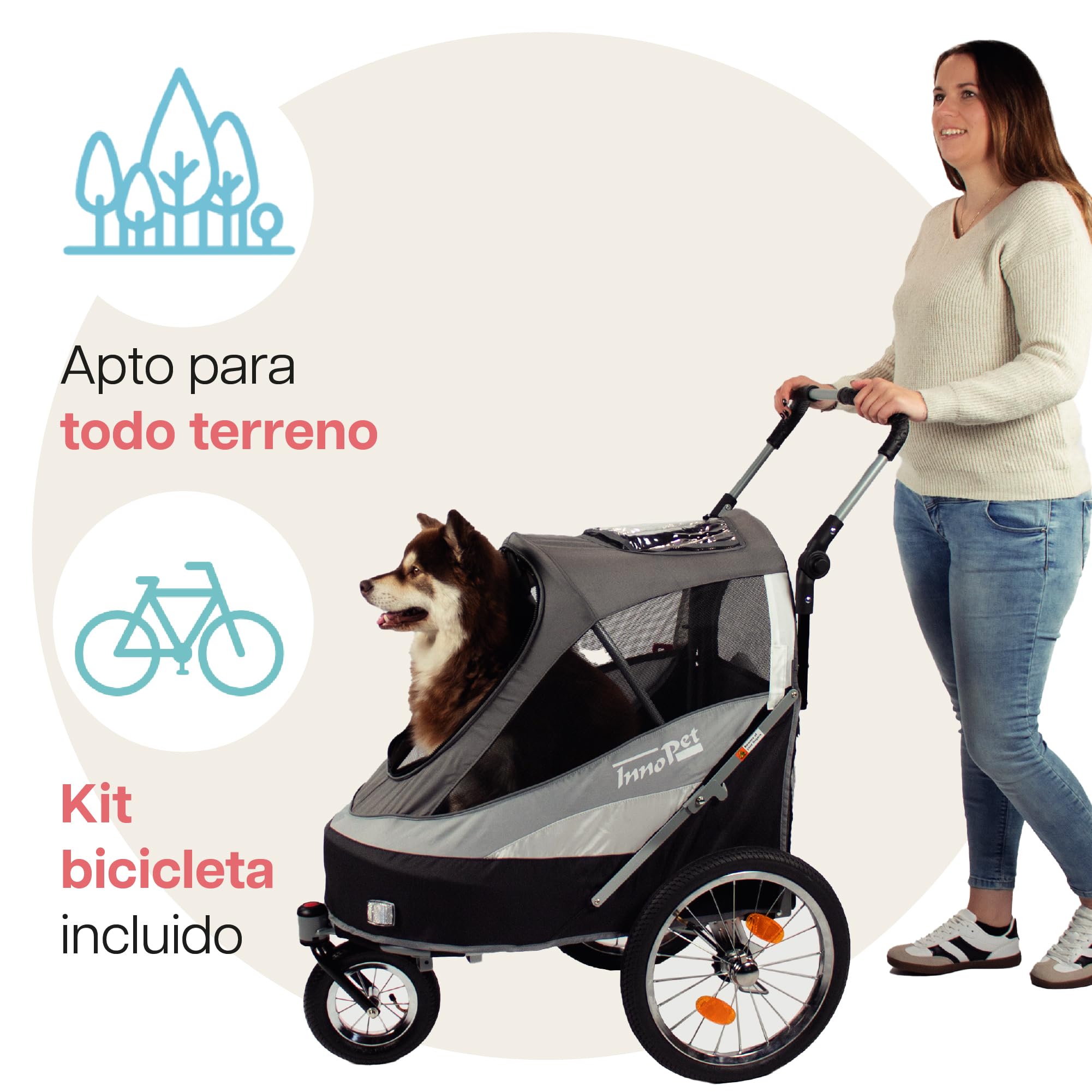 Innopet Sporty Deluxe negro/plata - 2 en 1 carrito y remolque para perros hasta 30kg, con barra para bici, reflectores, bandera y bolsillo de almacenamiento