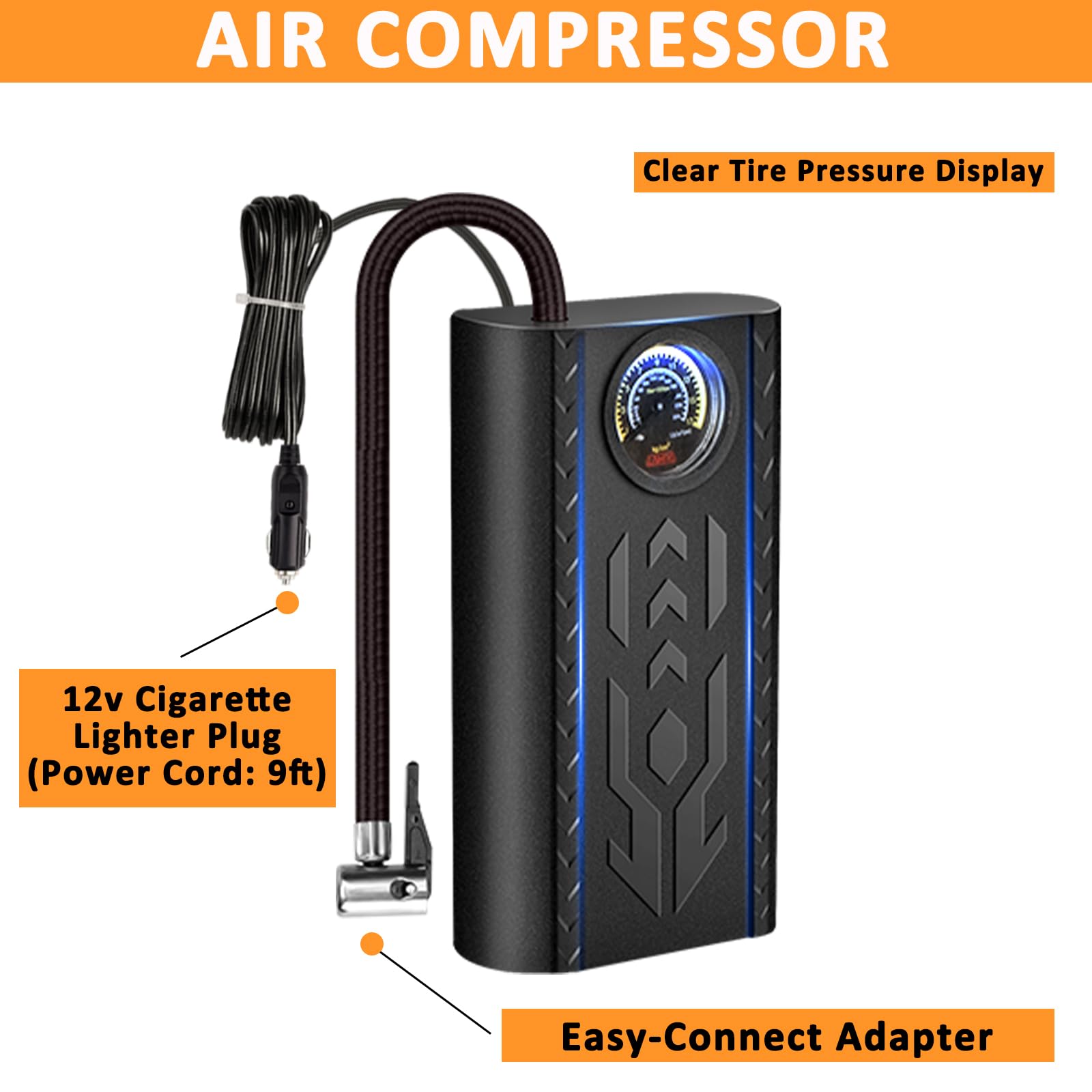 AUTODECO 98 PCS Roadside Car Emergency Assistance Kit with Portable Air Compressor Jumper Cables Safety Hammer All in One Pliers Tool Set（Orange）