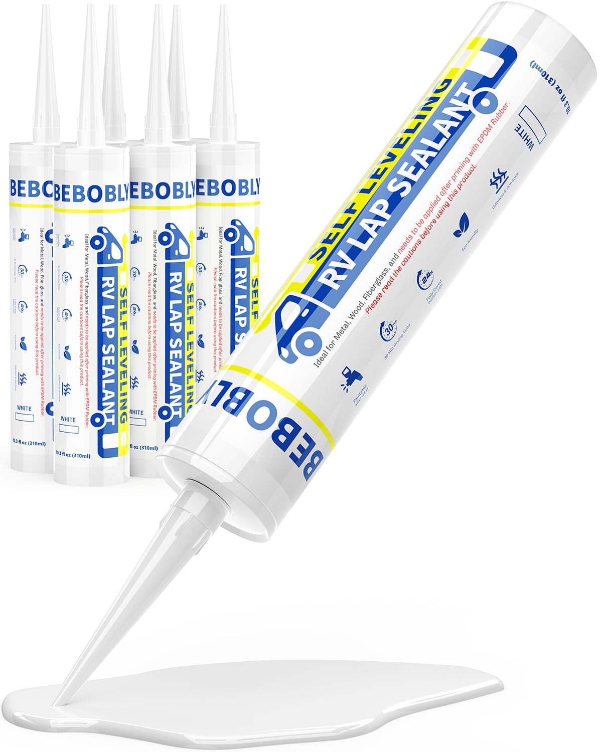 RV Roof Sealant, Self Leveling Lap Sealant White, RV Caulking Waterproof, Flexible & Non-Cracking, Lap Caulking for Camper, Trailer & Motorhome Roof Repair, Secure Odorless (6 Pack)